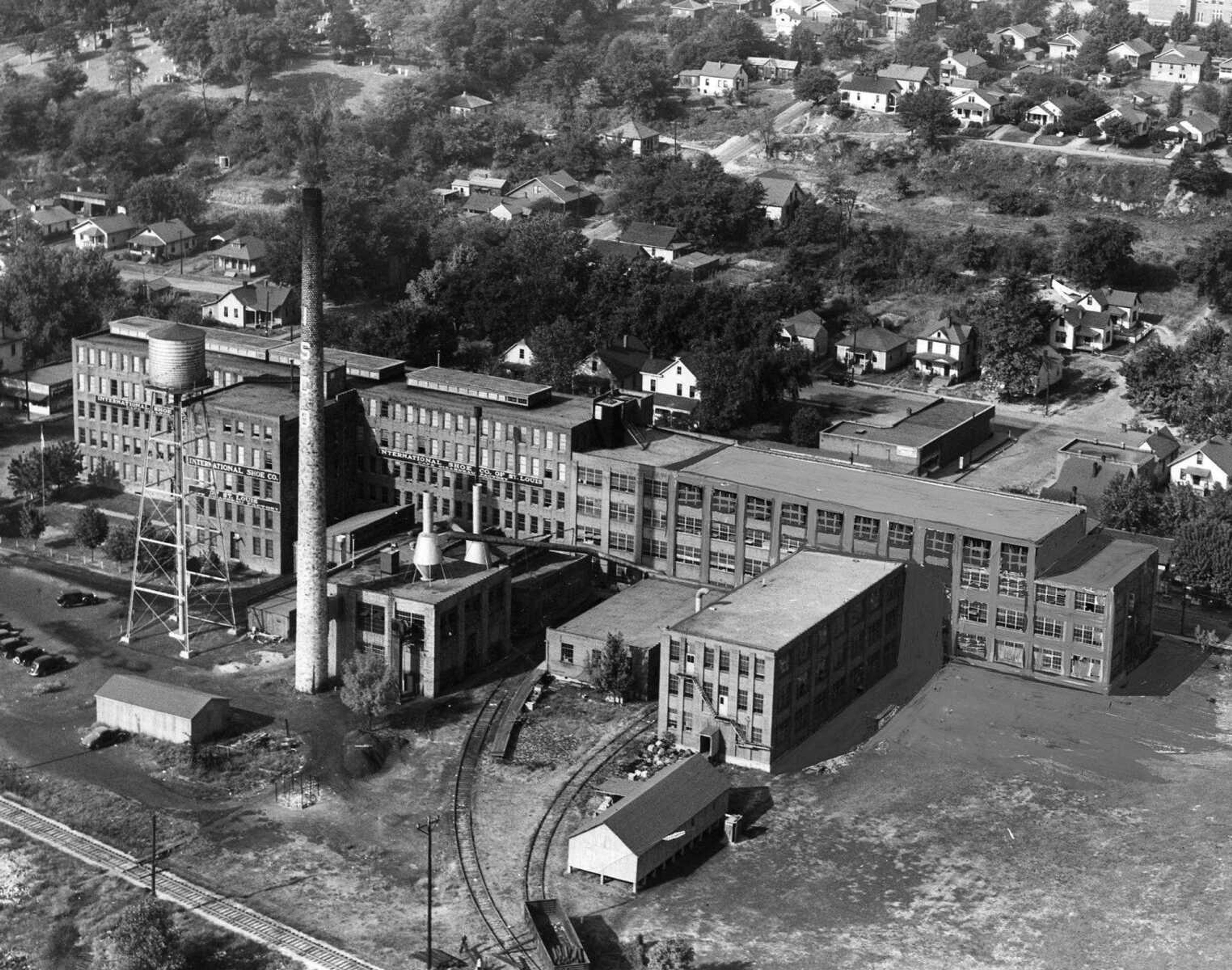 Undated aerial of International Shoe Co. on North Main Street, taken from the east.