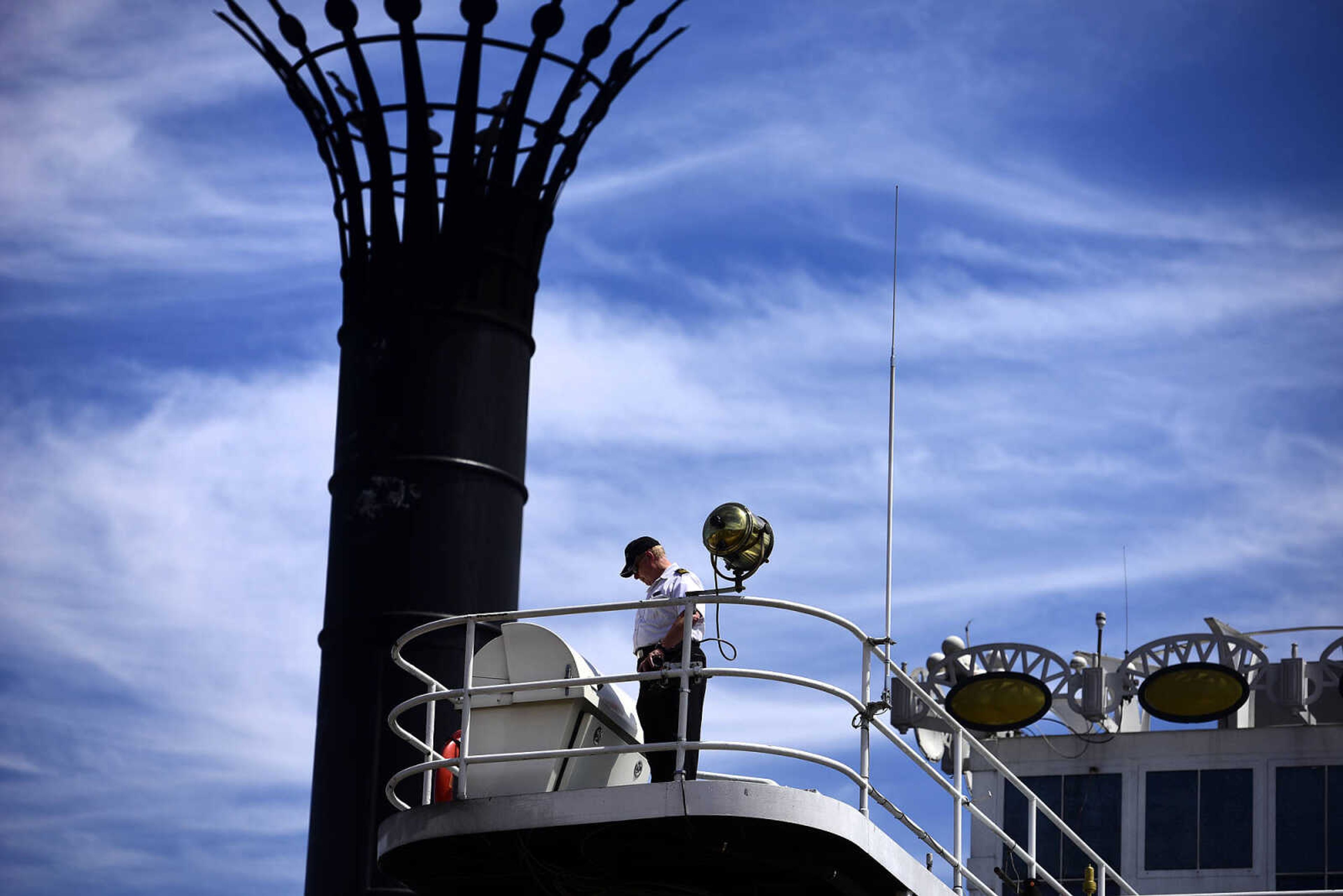 Crew members prepare the American Queen for departure from Riverfront Park on Wednesday, Aug. 23, 2017, in downtown Cape Girardeau.