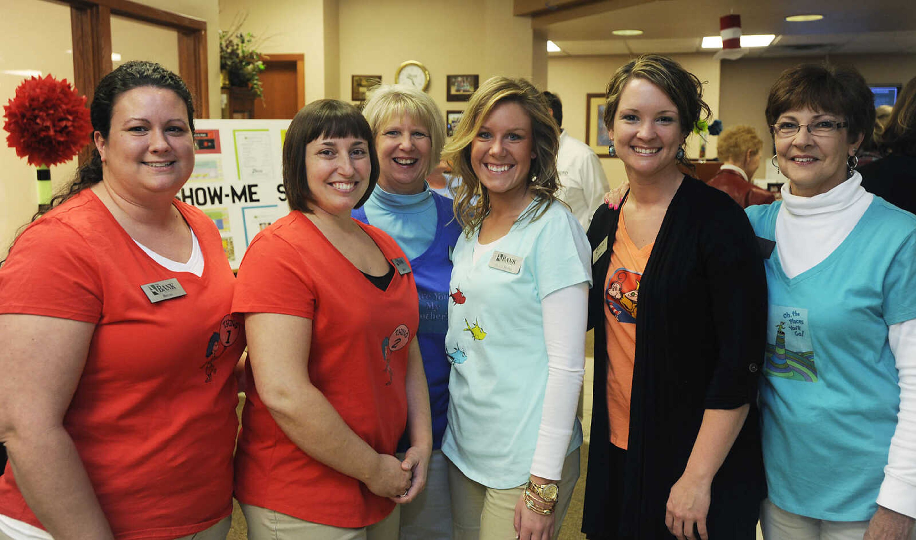 The Bank of Missouri employees Becky Helton, left, Shelly Hartlein, Michelle Verticchio, Olivia Meyer, Jessica Moyers and Kathy Roth at the Jackson Chamber of Commerce after hours event Tuesday, March 12, at The Bank of Missouri.