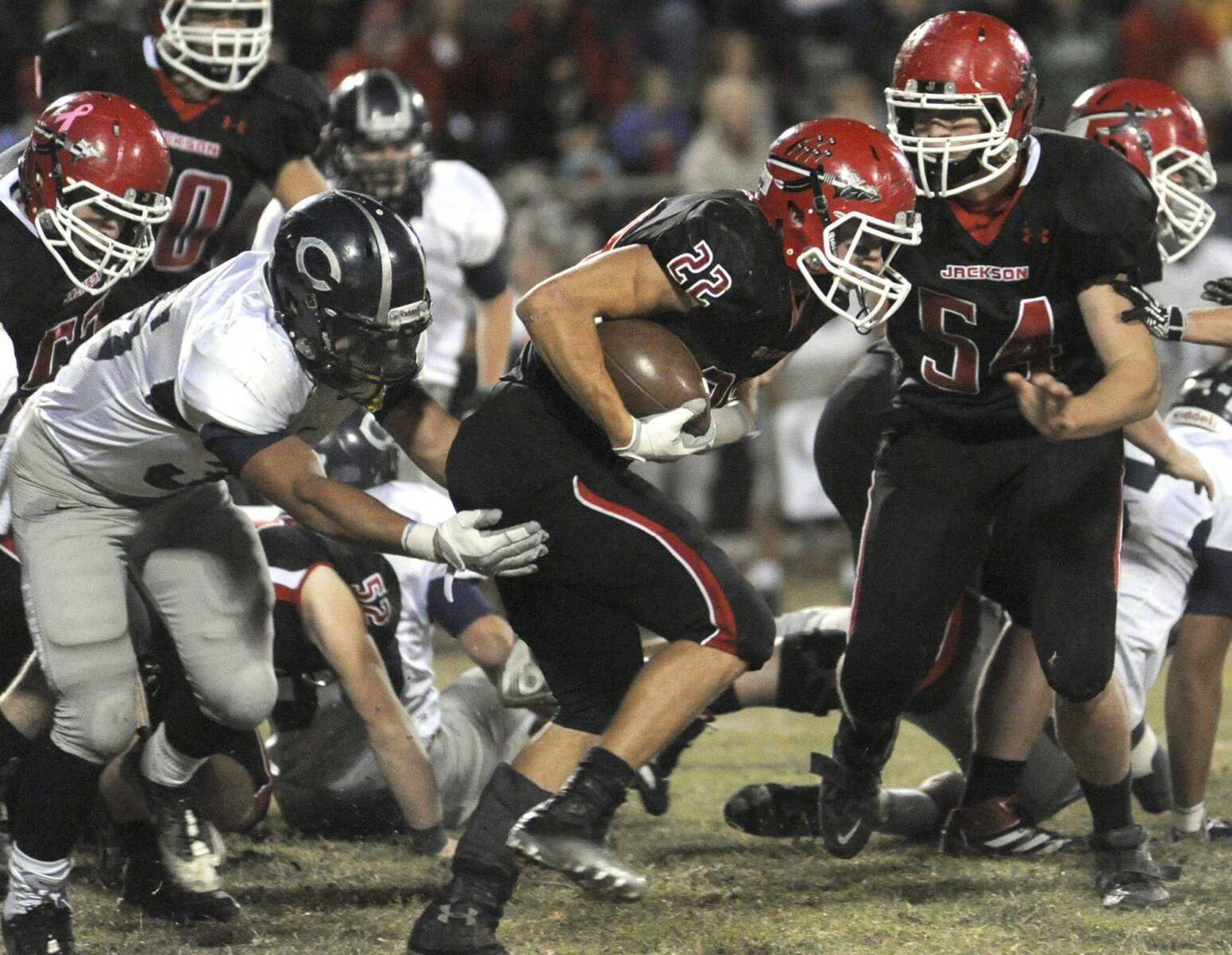 Jackson&#8217;s Brannon Wright tries to break away from Francis Howell Central&#8217;s Ian Loy during the second quarter Friday in Jackson. (Fred Lynch)