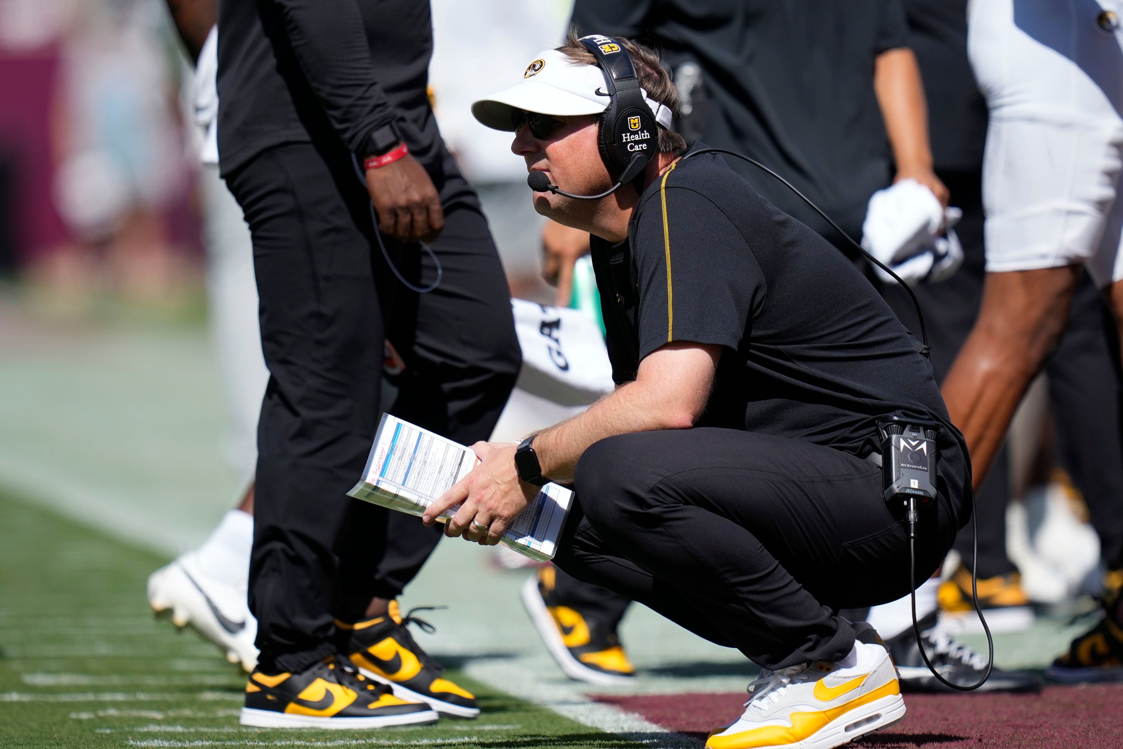 Missouri head coach Eliah Drinkwitz watches from the sidelines during the second half of an NCAA college football game against Texas A&M Saturday, Oct. 5, 2024, in College Station, Texas. (AP Photo/Eric Gay)