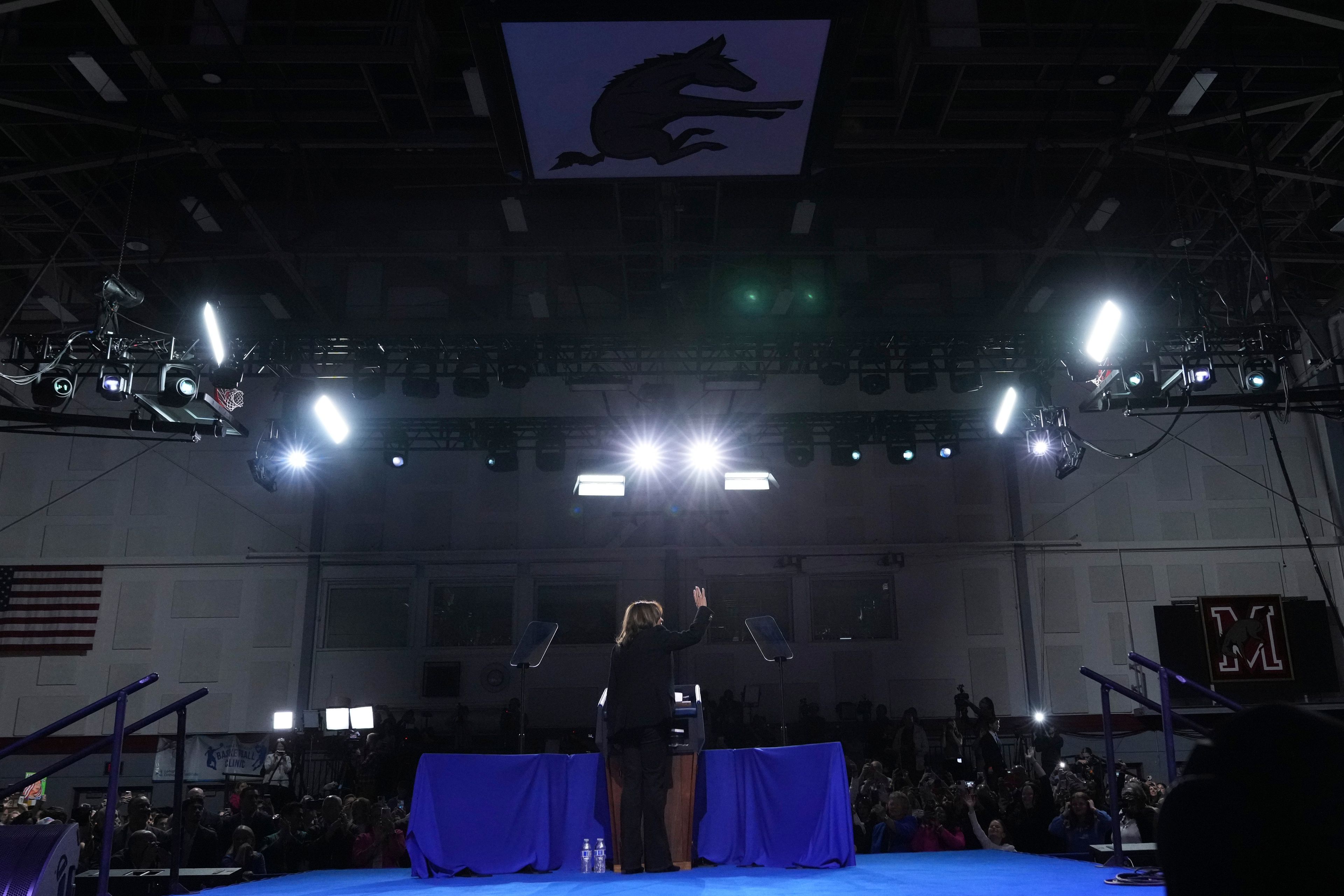 Small business owner Elizabeth Strong, right, introduces Democratic presidential nominee Vice President Kamala Harris, left, during a campaign rally in Memorial Hall at Muhlenberg College in Allentown, Pa., Monday, Nov. 4, 2024. (AP Photo/Jacquelyn Martin)