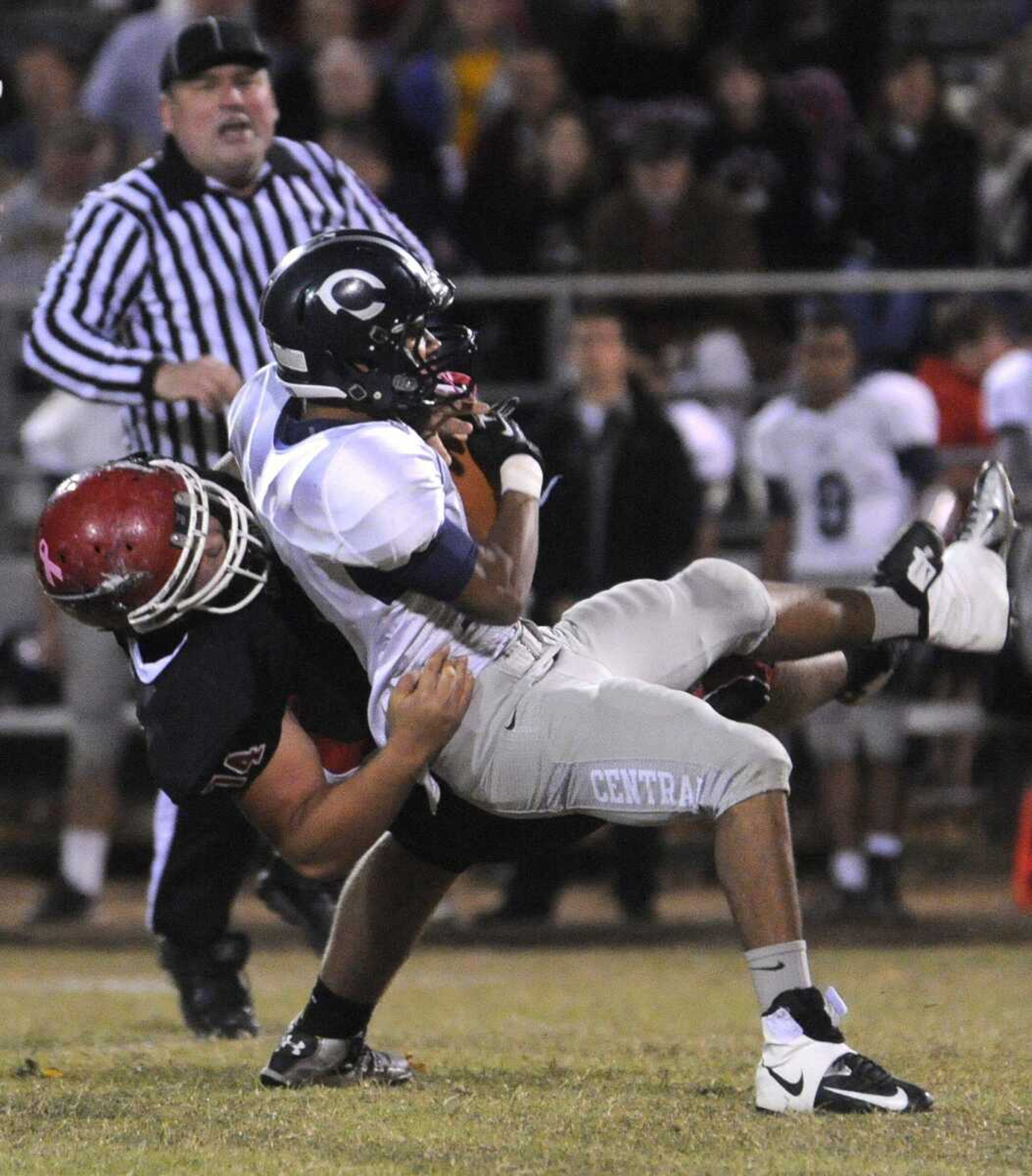 Jackson's Preston Hobeck brings down Francis Howell Central's Desmond Young during the second quarter Friday, Oct. 19, 2012 in Jackson. (Fred Lynch)