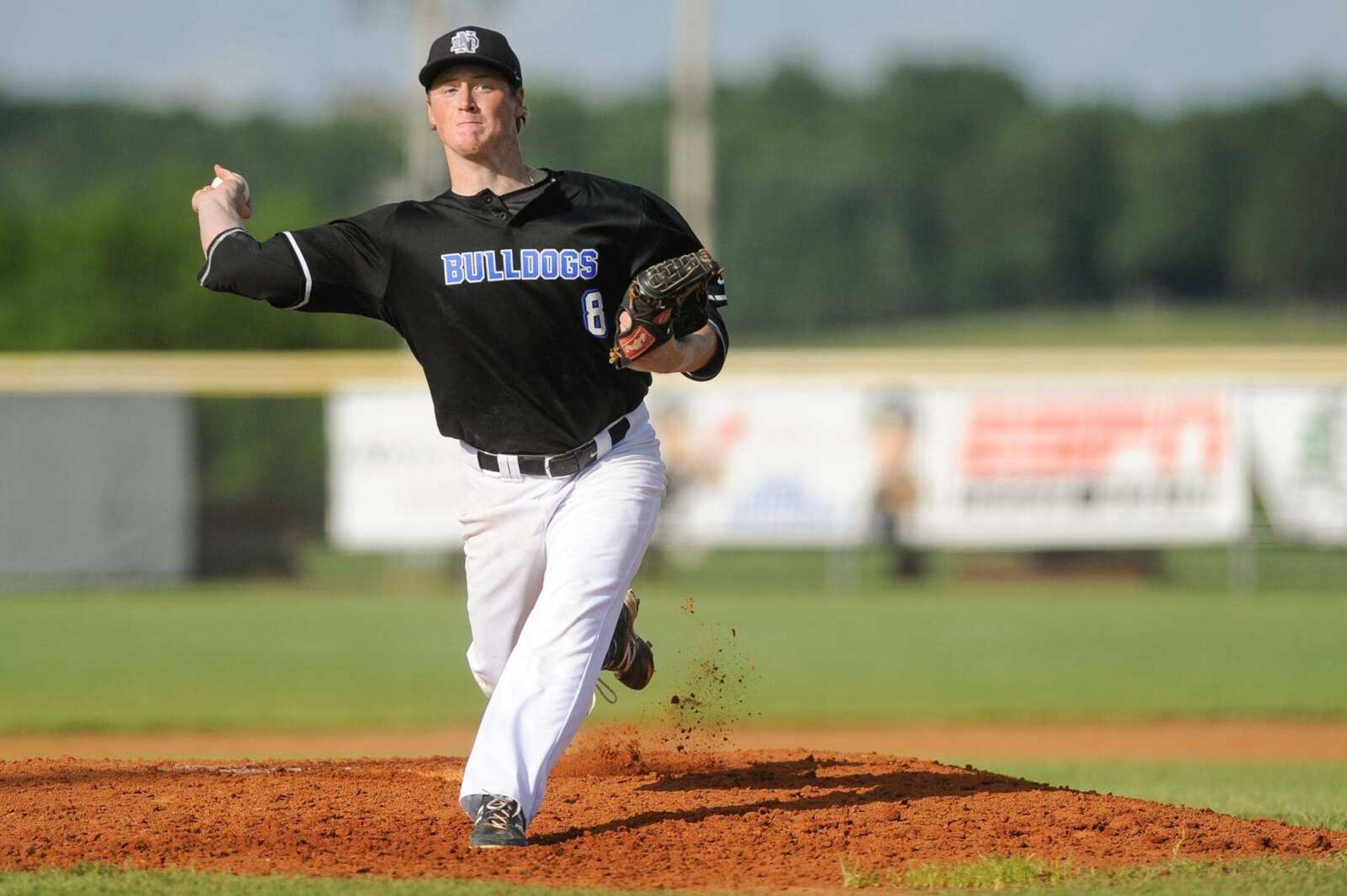 Notre Dame's Graham Ruopp pitches to a Potosi batter in the fourth inning during a Class 4 sectional Tuesday, May 26, 2015 at Notre Dame Regional High School. (Glenn Landberg)