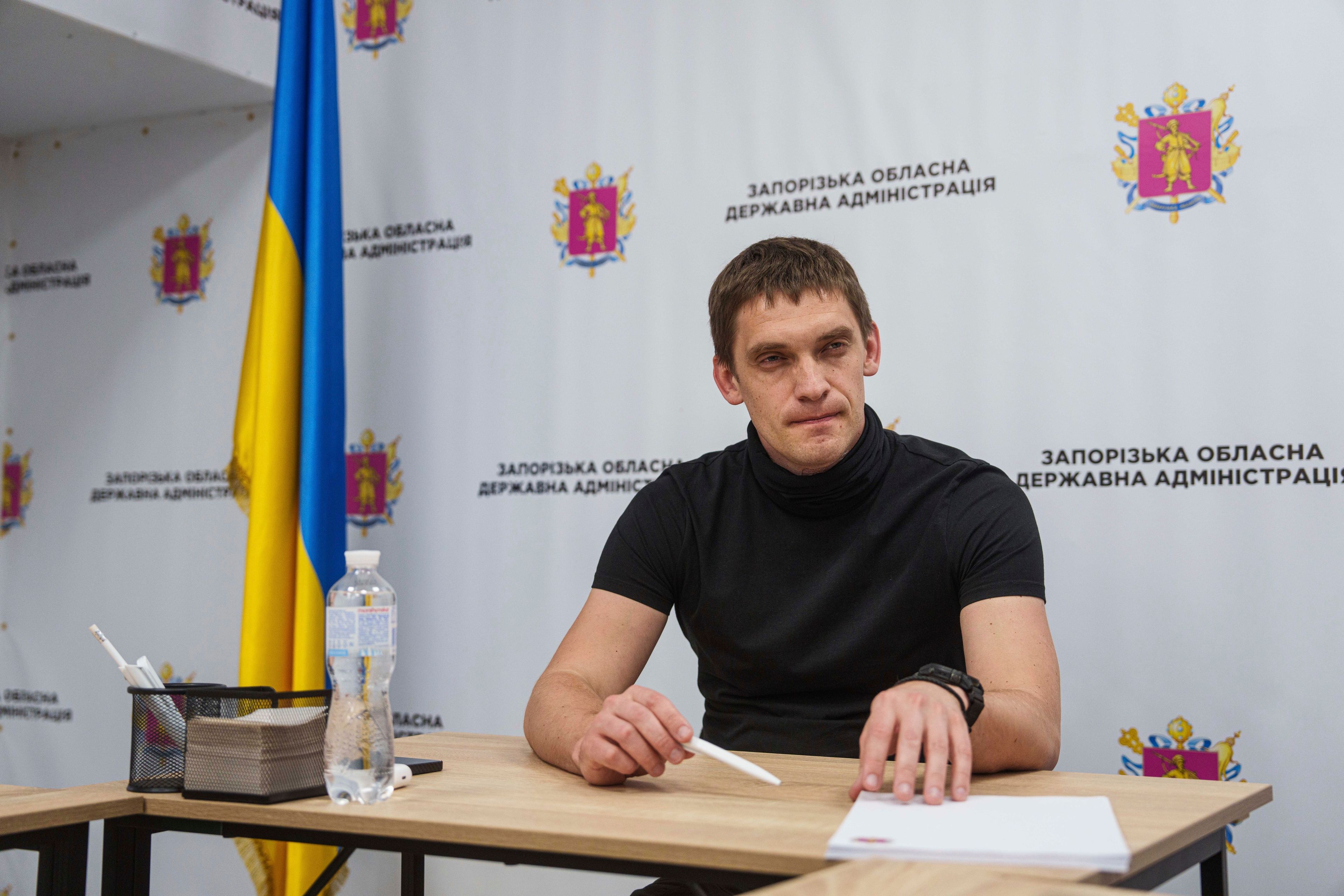 Ivan Fedorov, head of the Zaporizhzhia region, speaks during an interview in Zaporizhzhia, Ukraine, Aug. 31, 2024. (AP Photo/Evgeniy Maloletka)