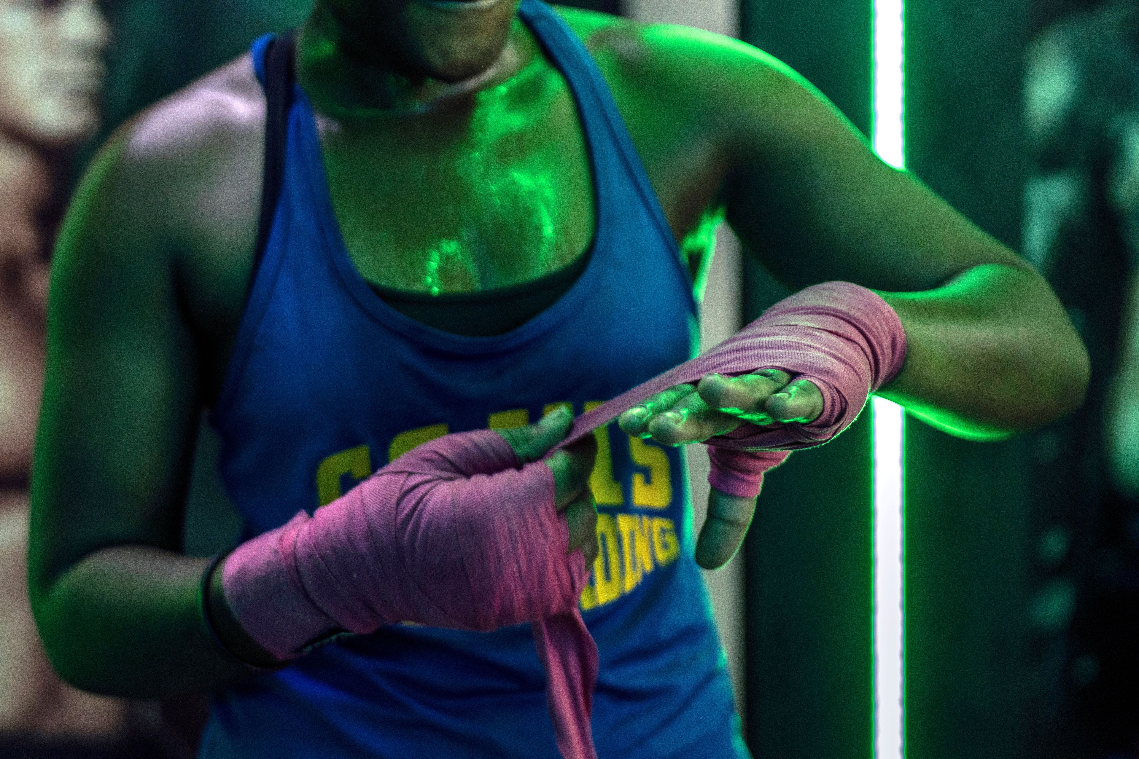 Daniella Mulekets, 20, practices, Oct. 23, 2024 in Goma, Democratic republic of the Congo, prior to her first professional fight Oct. 26, on the 50th anniversary of the "Rumble in the Jungle" fight between Muhammad Ali and George Foreman in Kinshasa. (AP Photo/Moses Sawasawa)