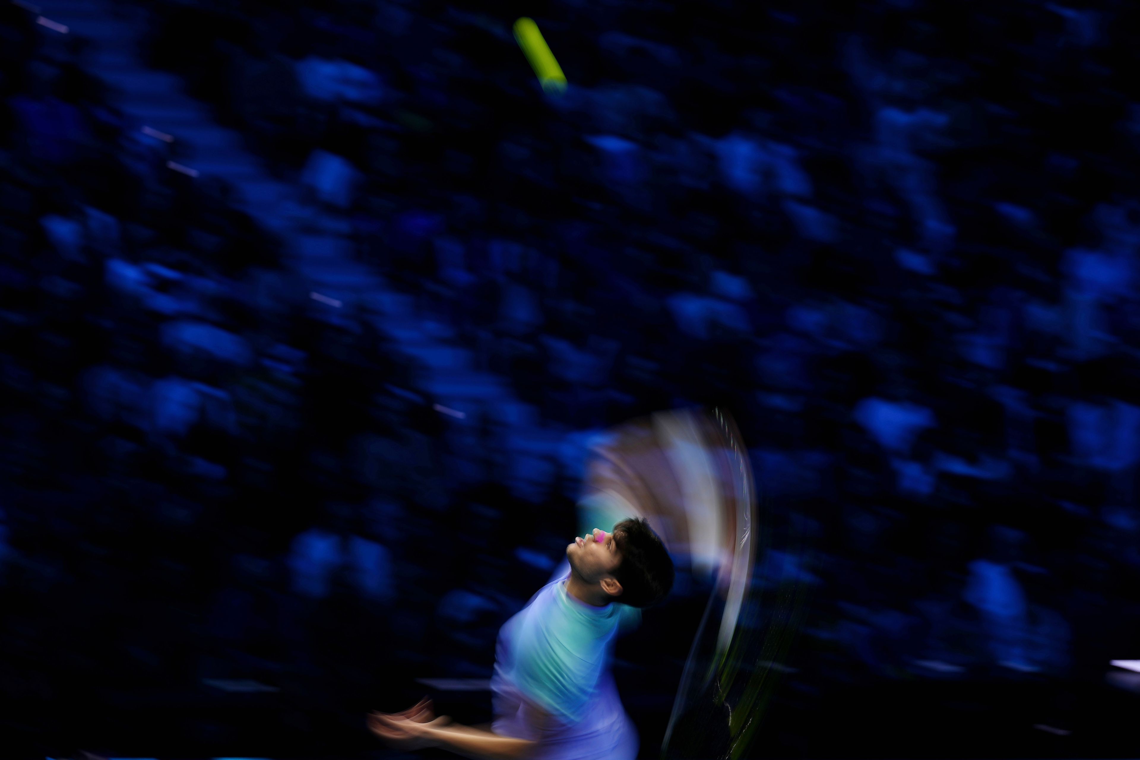 Spain's Carlos Alcaraz serves the ball to Russia's Andrey Rublev during their singles tennis match of the ATP World Tour Finals at the Inalpi Arena, in Turin, Italy, Wednesday, Nov. 13, 2024. (AP Photo/Antonio Calanni)