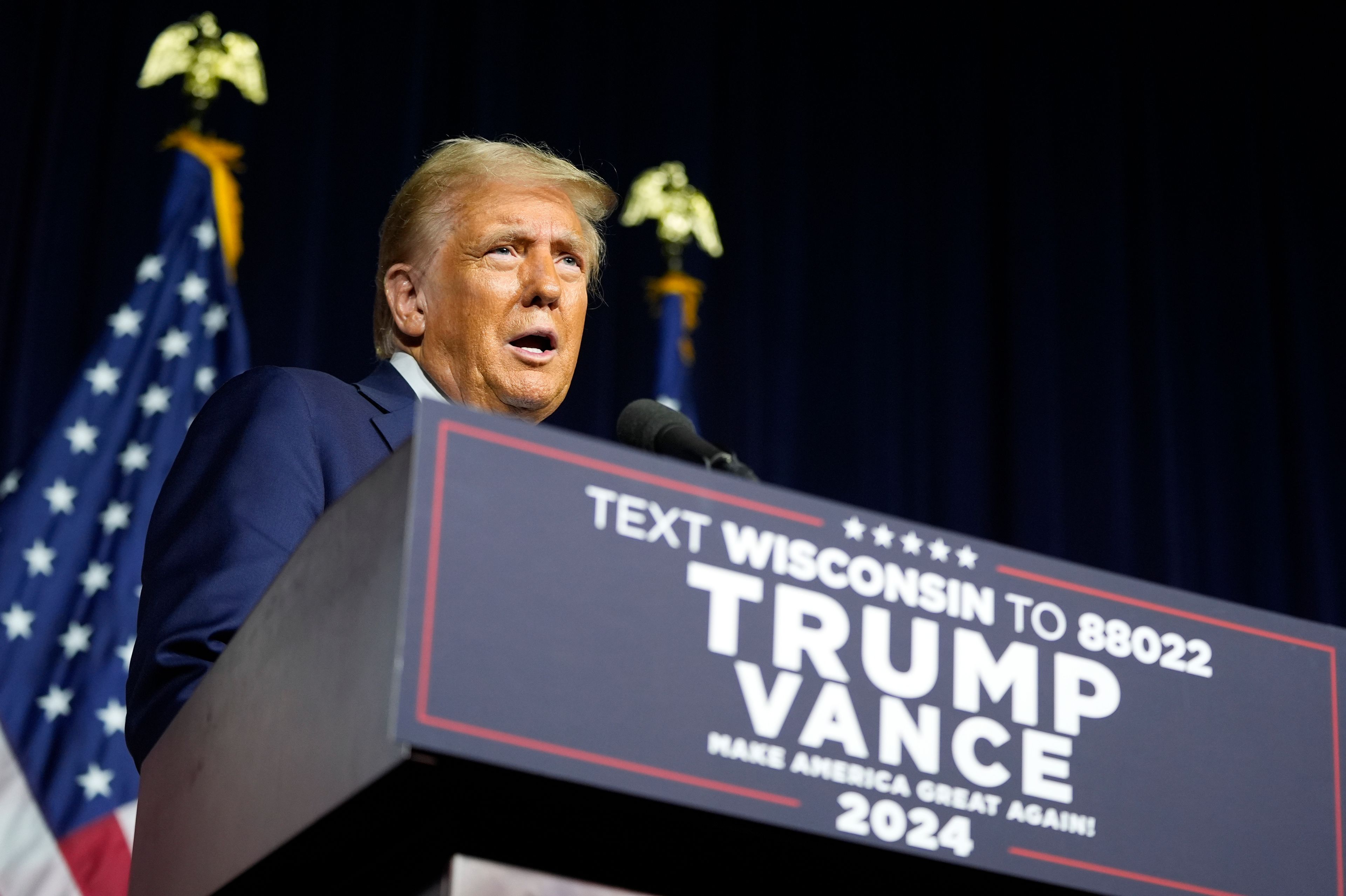 Republican presidential nominee former President Donald Trump speaks at campaign event at Discovery World, Friday, Oct. 1, 2024, in Milwaukee. (AP Photo/Alex Brandon)