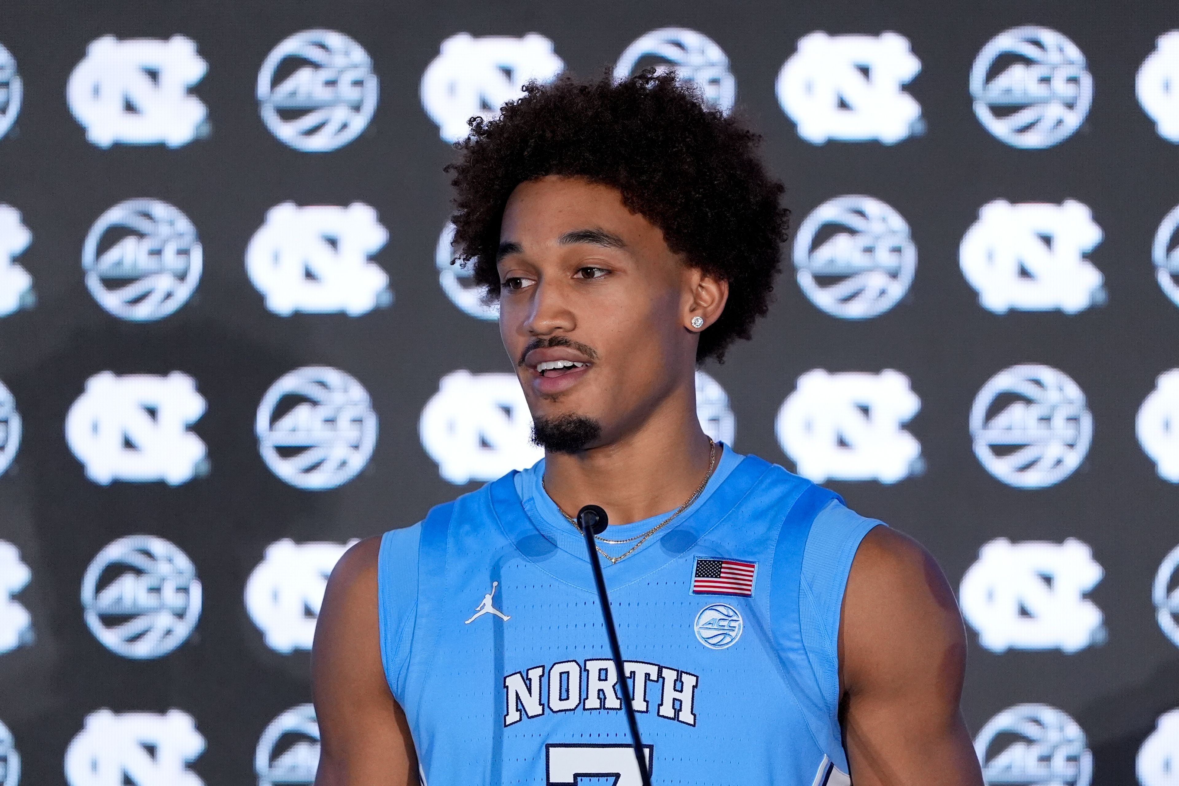 North Carolina guard Seth Trimble speaks during a ACC men's NCAA college basketball media day, Thursday, Oct. 10, 2024, in Charlotte, N.C. (AP Photo/Chris Carlson)