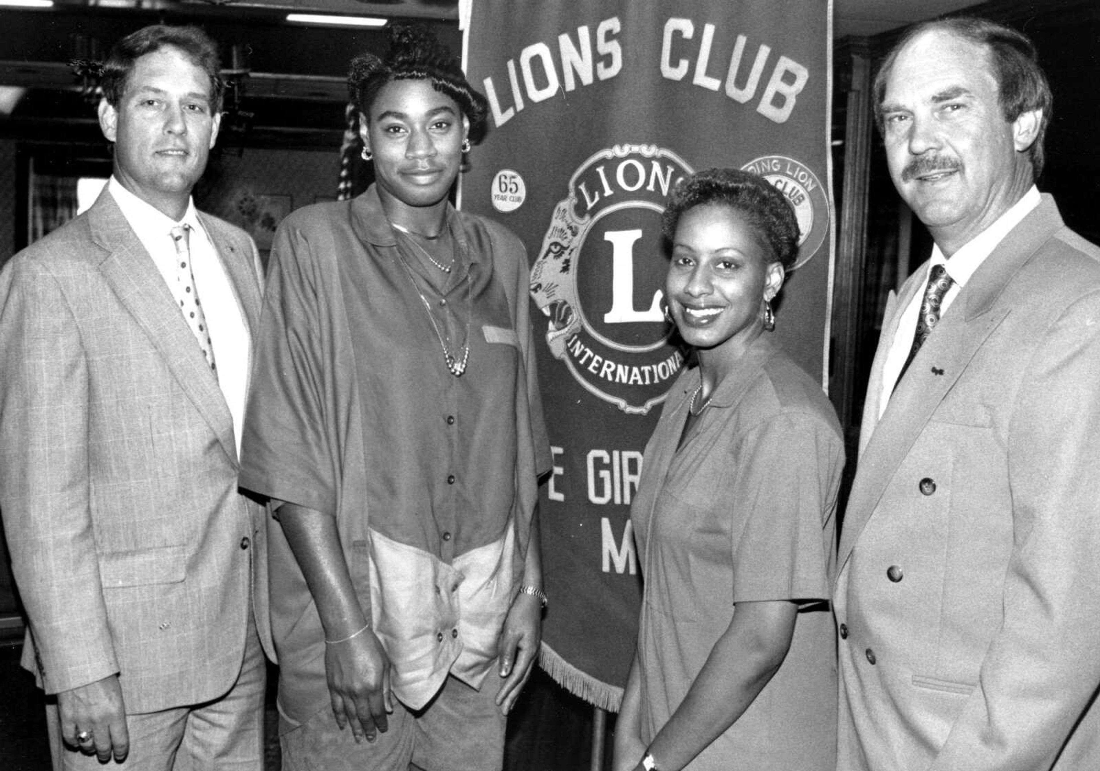 Published May 9, 1991.
The Cape Girardeau Lions Club honored the Southeast Missouri State University Otahkians basketball team at a luncheon meeting at the Holiday Inn. From left were Michael Richey, president; Jerri Wiley, Sarita Wesley and head coach Ed Arnzen. (Southeast Missouri archive)