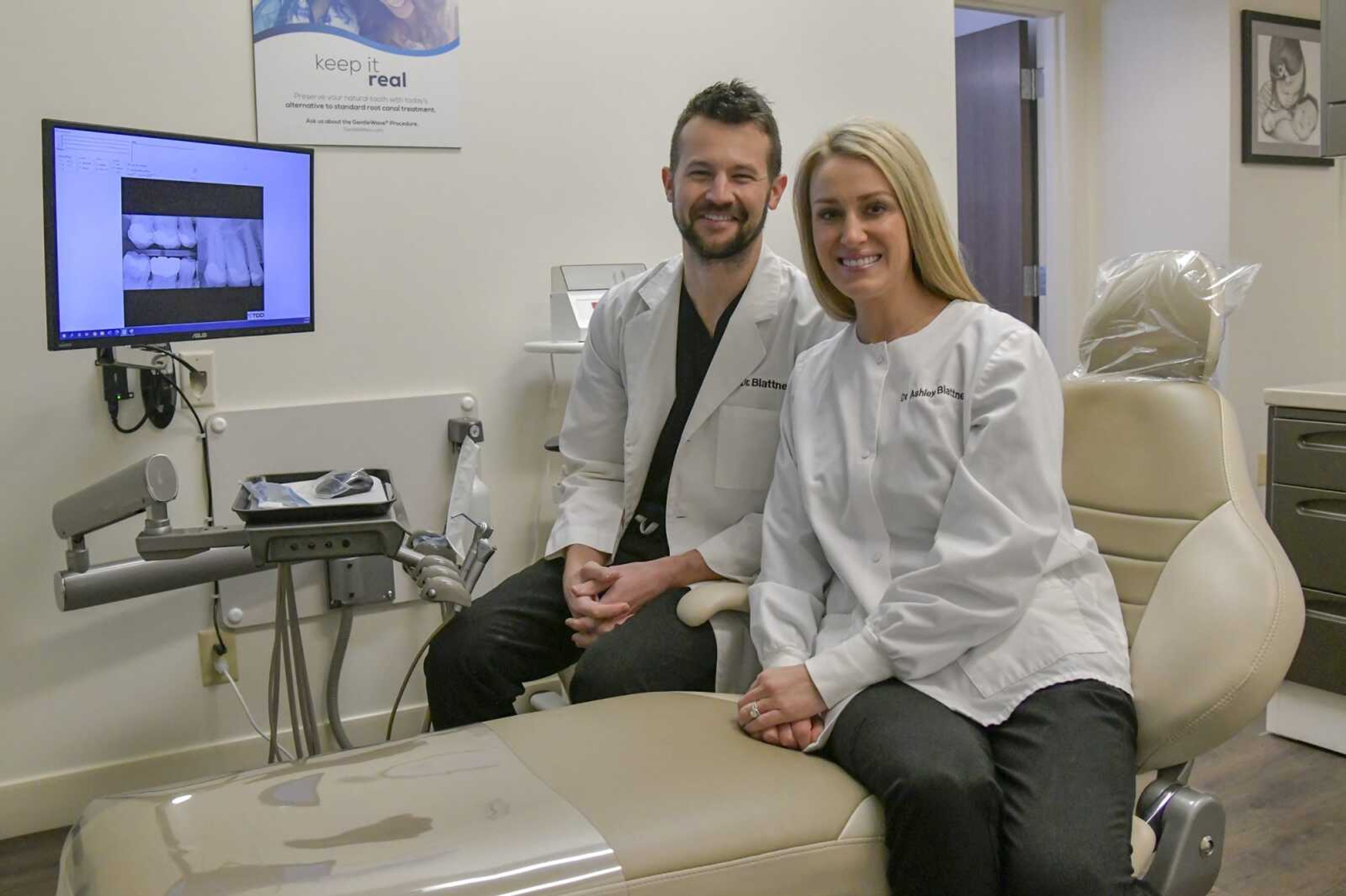 Trevor and Ashley Blattner pose for a portrait at Blattner Endodontic Care on Friday in Cape Girardeau.