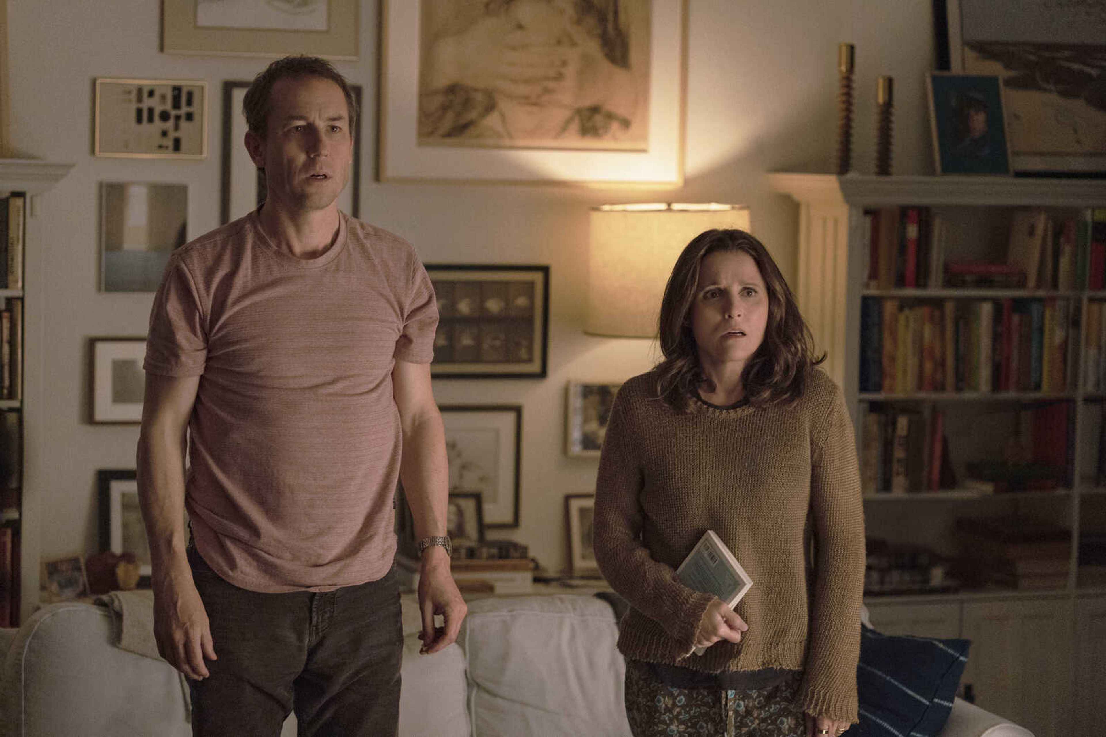 Tobias Menzies, left, and Julia Louis-Dreyfus in a scene from "You Hurt My Feelings".