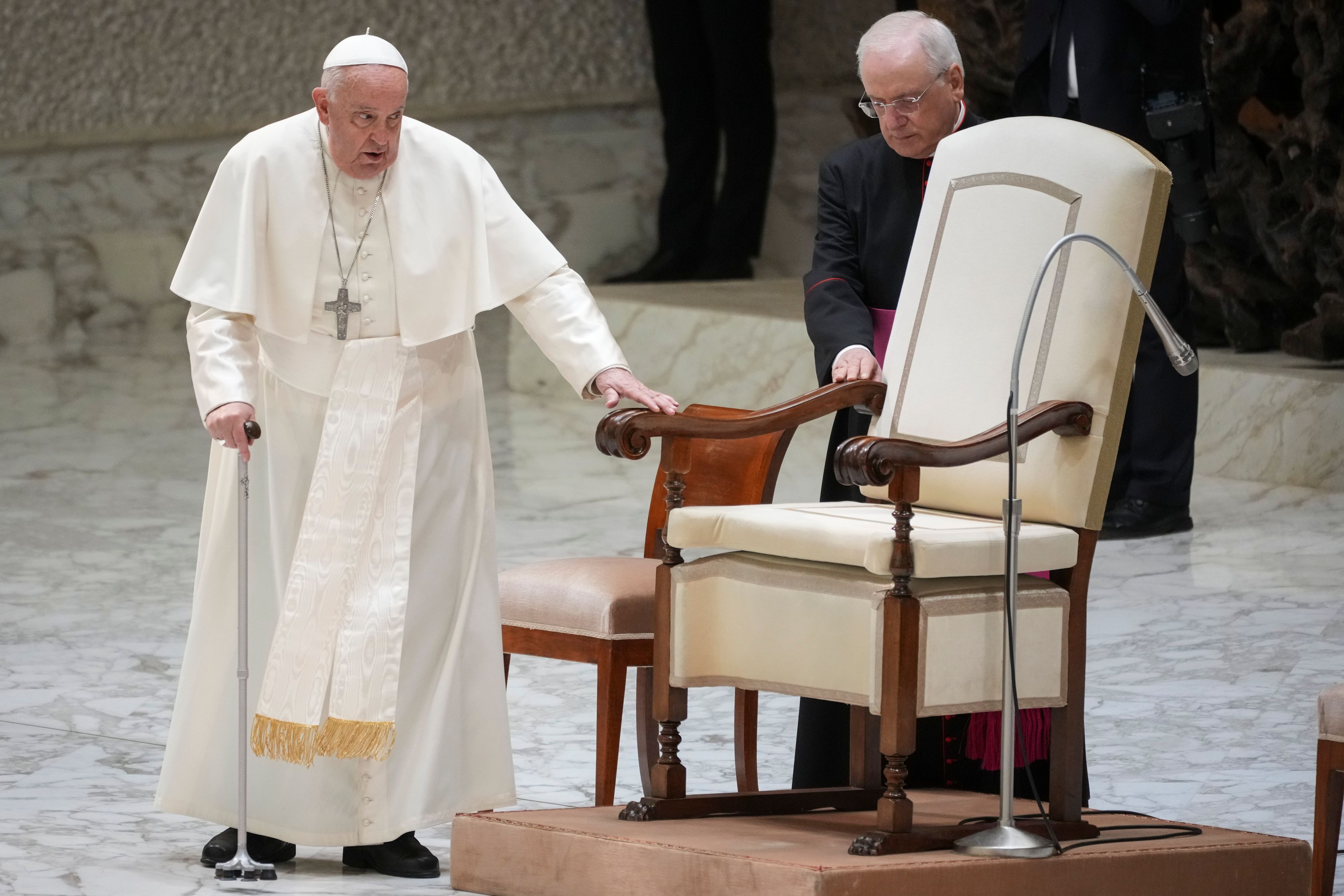 Pope Francis arrives for an audience with fishermen and members of the CEI, Italians Bishops Conference, in the Pope Paul VI hall at the Vatican, Saturday, Nov. 23, 2024. (AP Photo/Andrew Medichini)