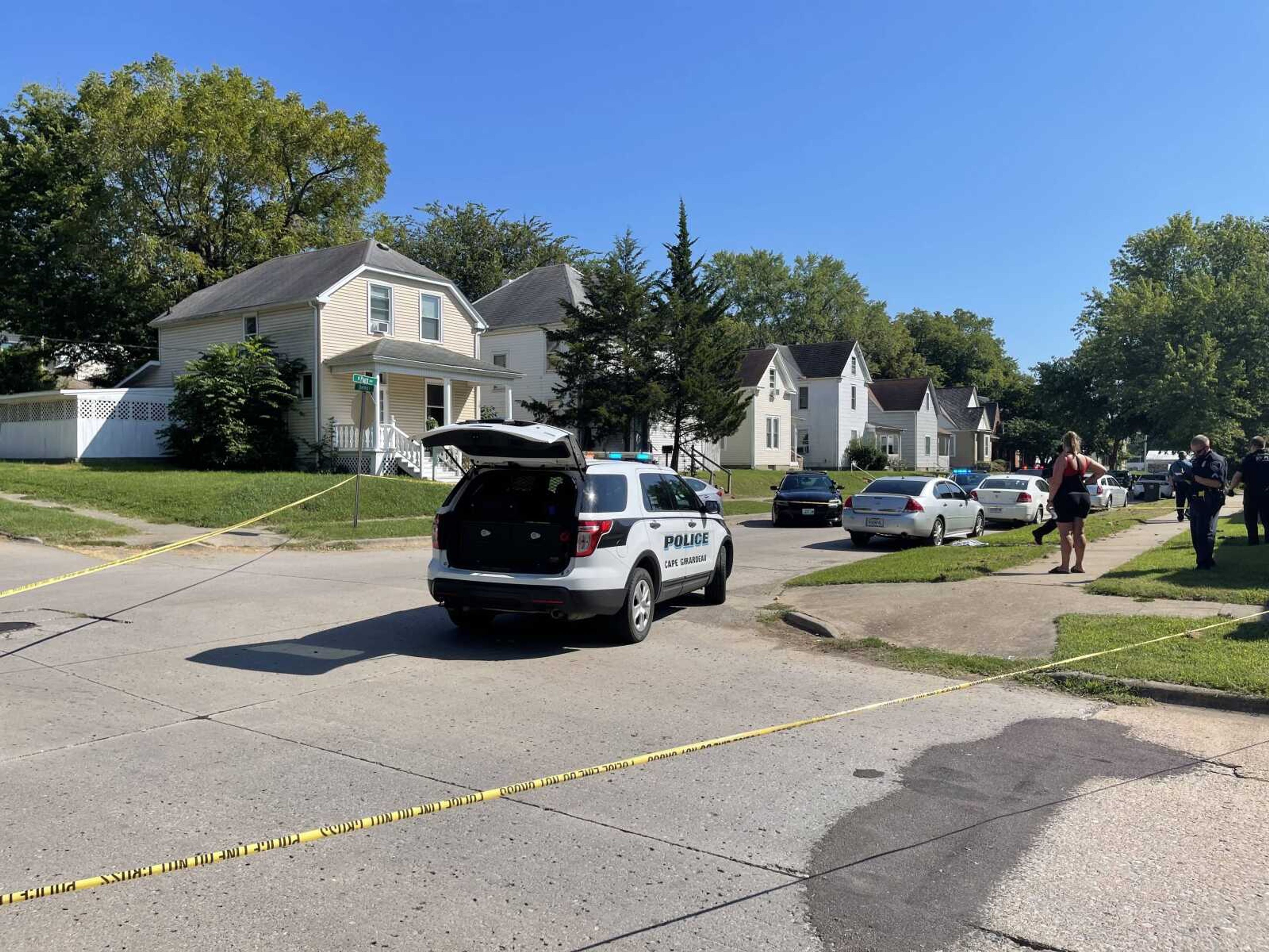 Cape Girardeau investigate at the scene of a Monday afternoon shooting. The incident occurred near the intersection of North Park Avenue and Themis Street. A witness at the scene said one man suffered a gunshot wound to his torso that did not appear to be life-threatening.