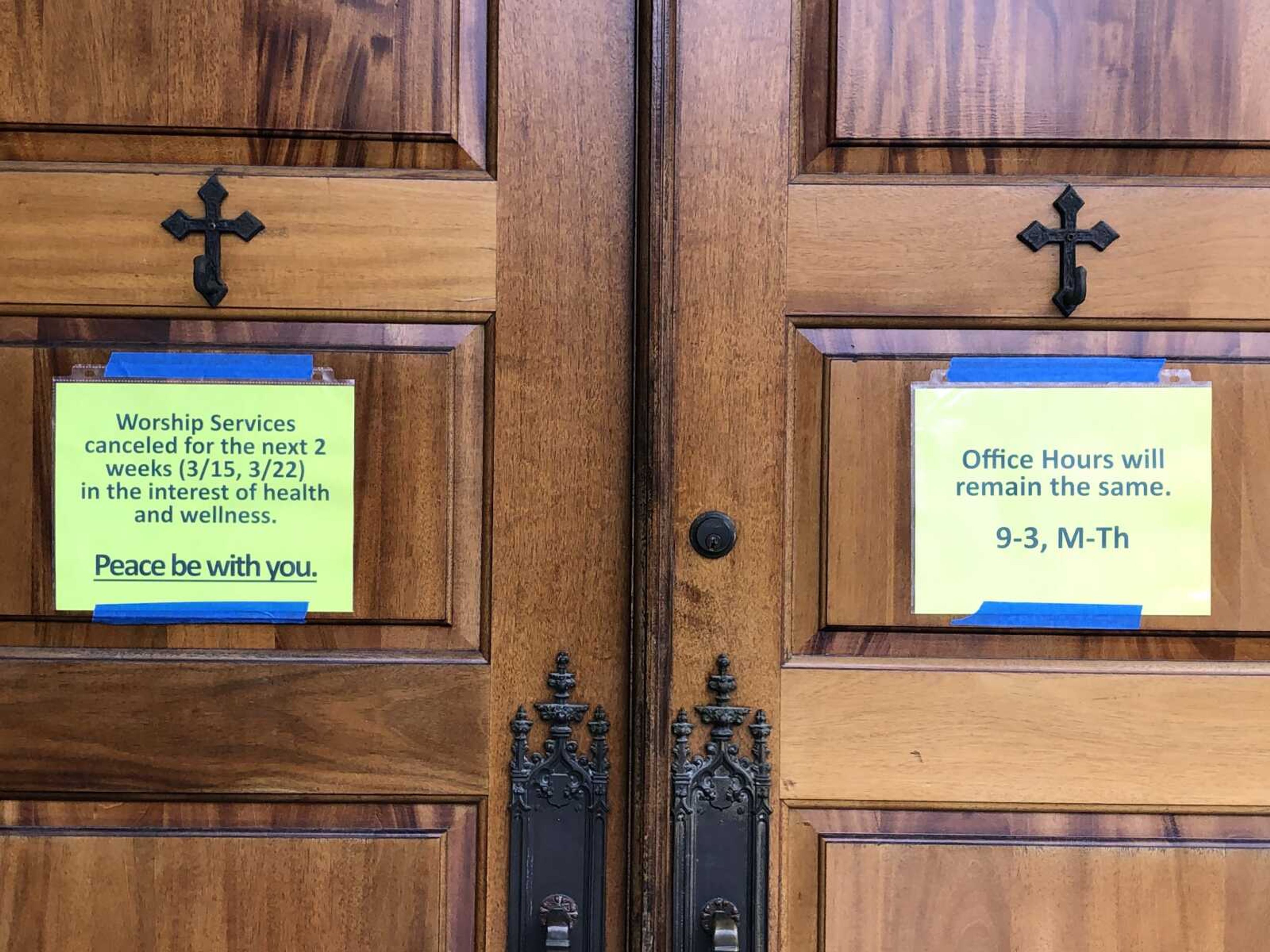 A sign announcing services have been canceled because of coronavirus concerns is seen Sunday on the door of First Presbyterian Church in Cape Girardeau.