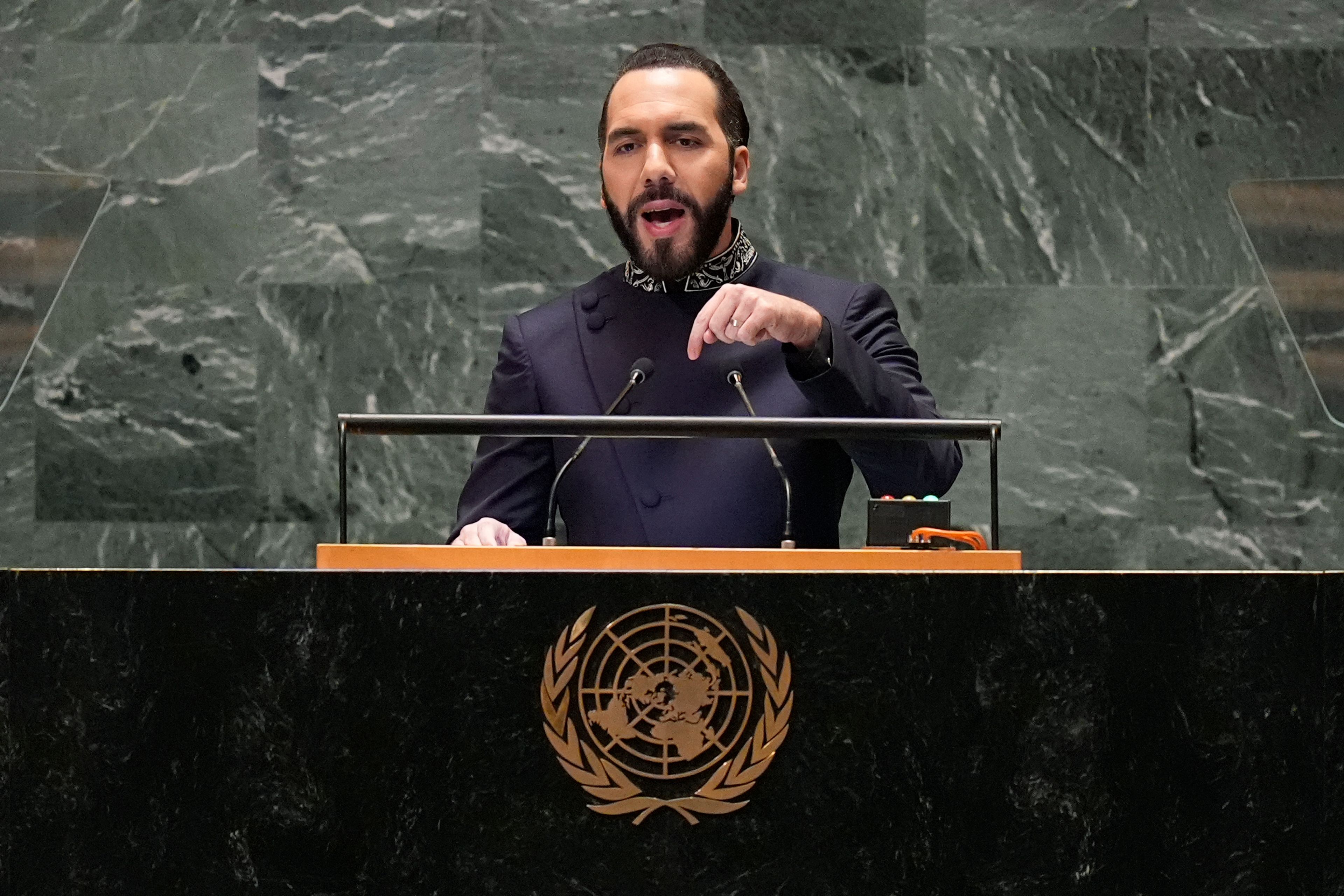 President of El Salvador Nayib Armando Bukele addresses the 79th session of the United Nations General Assembly, Tuesday, Sept. 24, 2024. (AP Photo/Pamela Smith)