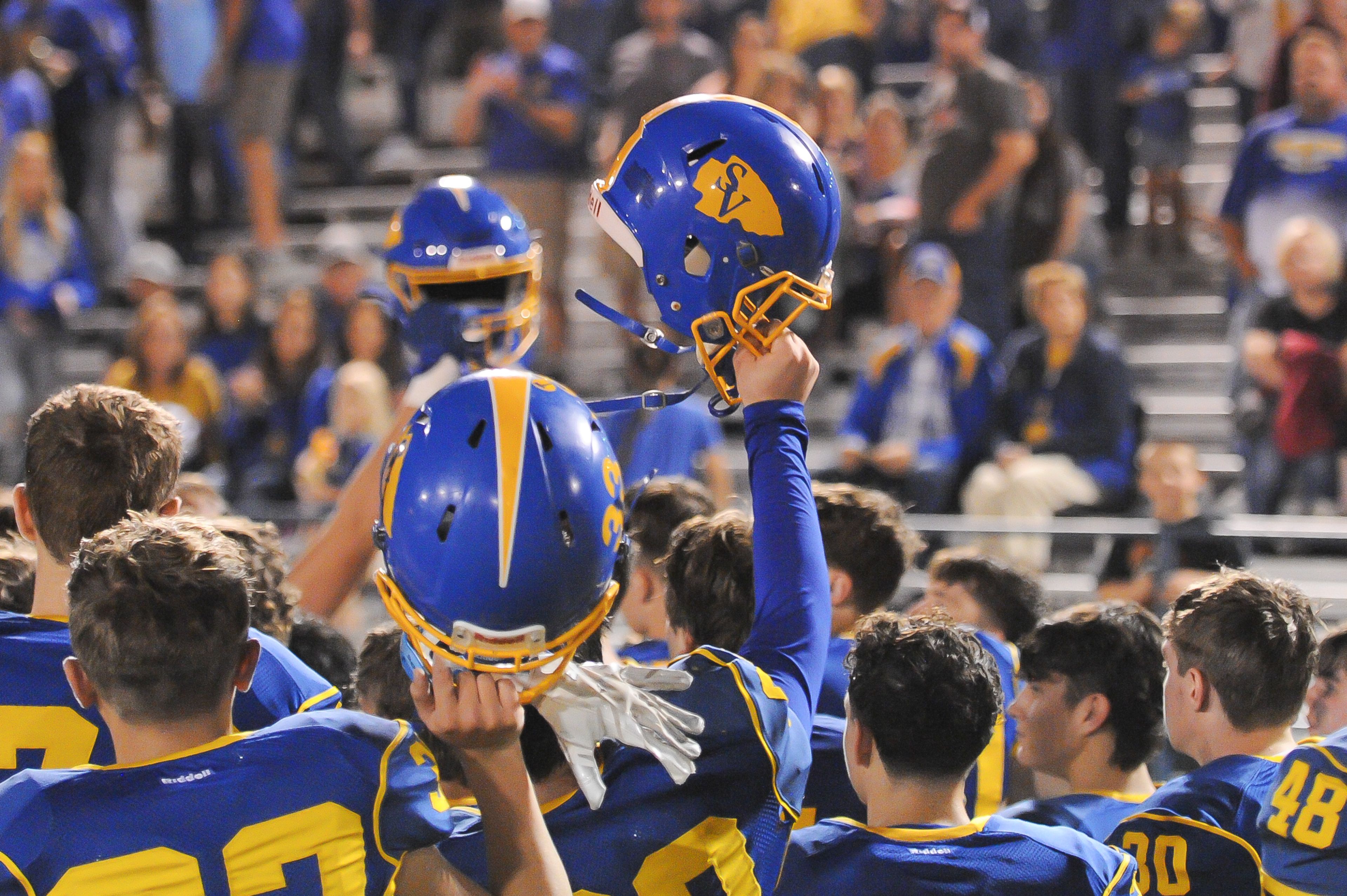 St. Vincent players celebrate after a Friday, October 4, 2024 game between the St. Vincent Indians and the Bayless Bronchos at St. Vincent High School in Perryville, Mo. St. Vincent defeated Bayless, 56-21.