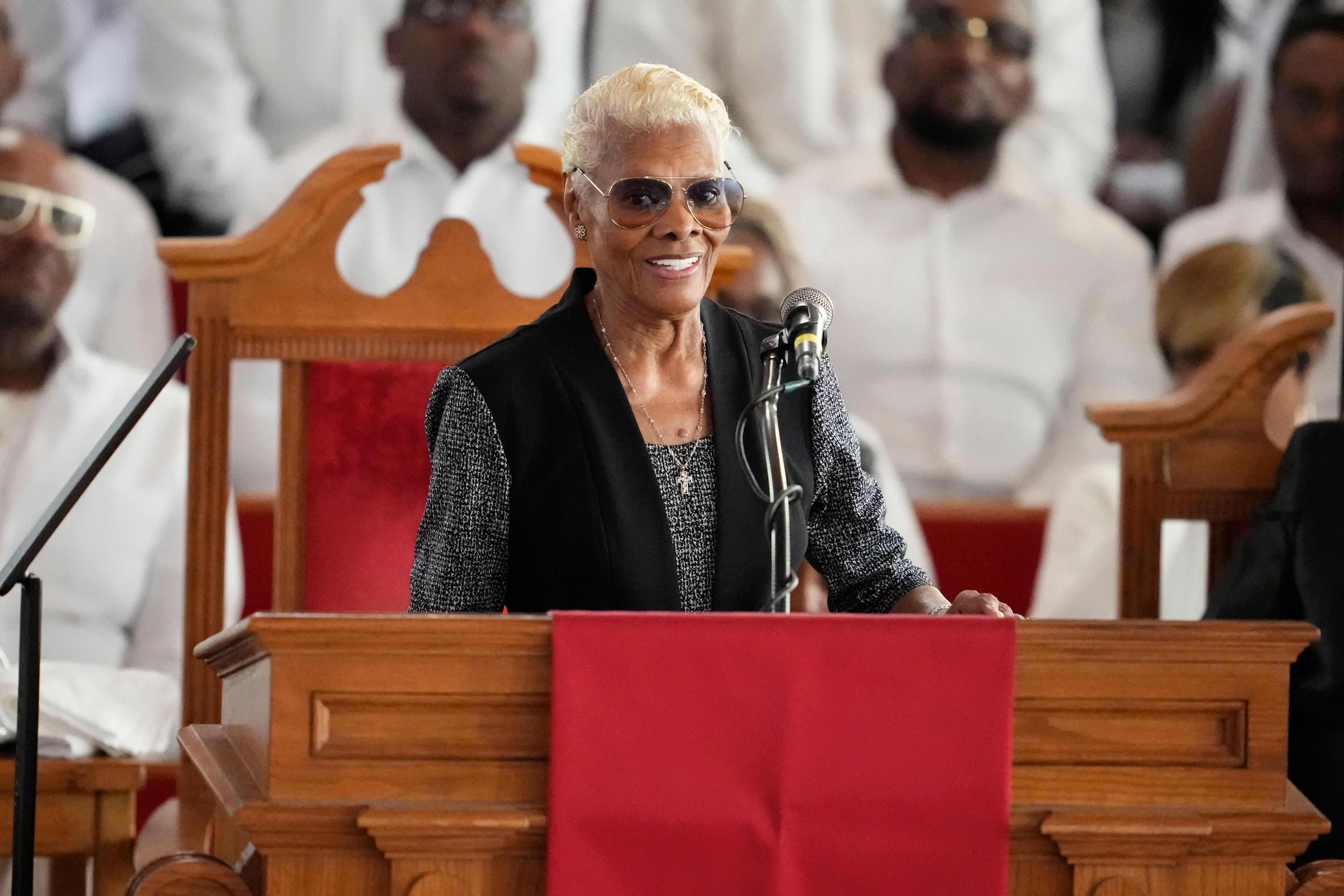 Dionne Warwick speaks during a ceremony celebrating the life of Cissy Houston on Thursday, Oct. 17, 2024, at the New Hope Baptist Church in Newark, N.J. (Photo by Charles Sykes/Invision/AP)