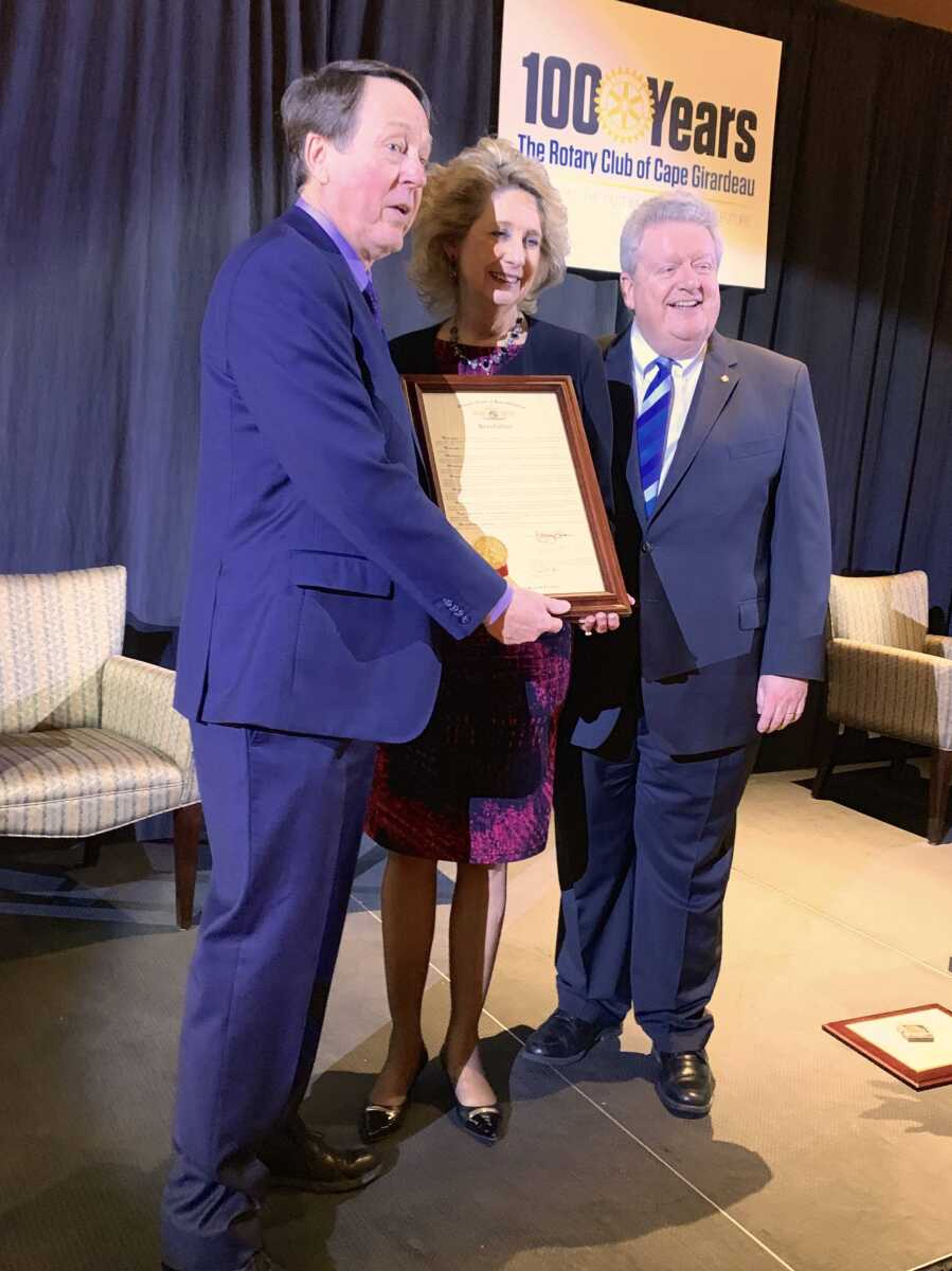 Robert M. Gifford, Kathy Swan and Mark Maloney are seen&nbsp;at the Centennial Gala Celebration of Rotary in Southeast Missouri on Friday at Isle Casino Cape Girardeau.&nbsp;