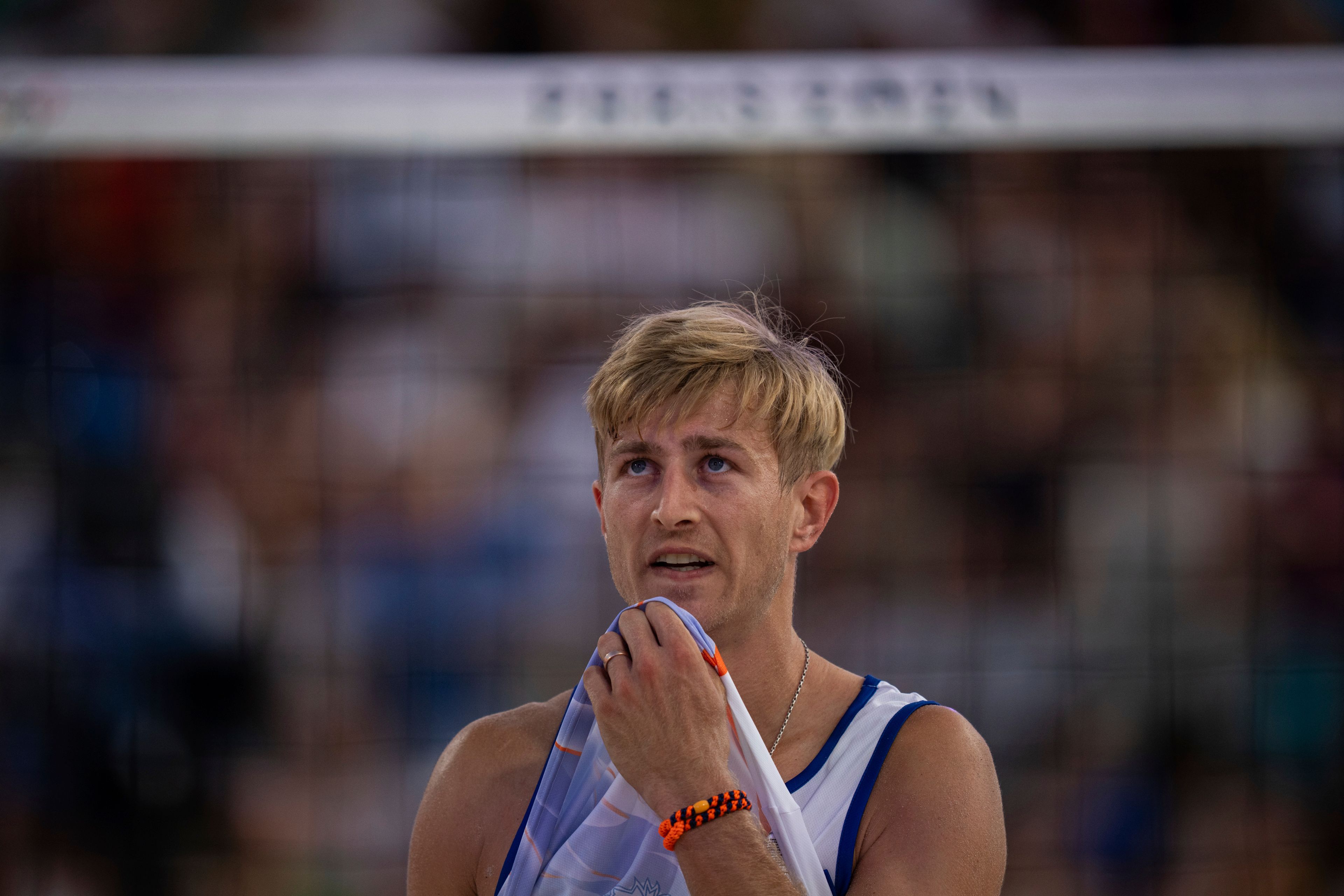 Netherlands' Steven Van De Velde reacts during the men's pool B beach volleyball match between Norway and Netherlands at Eiffel Tower Stadium at the 2024 Summer Olympics, Friday, Aug. 2, 2024, in Paris, France. (AP Photo/Louise Delmotte)