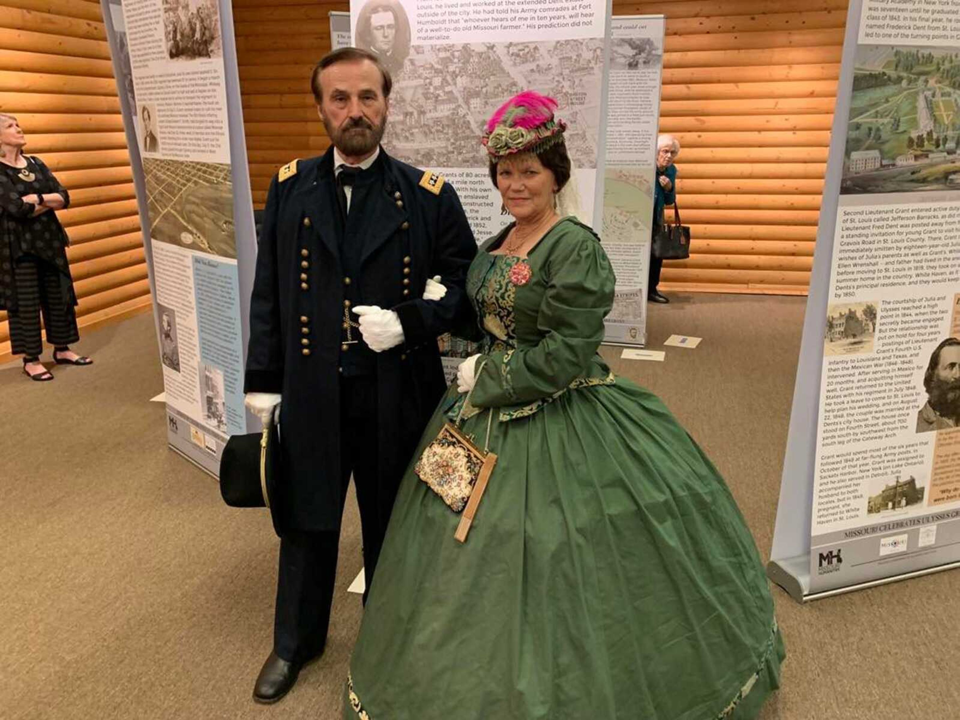 Curt and Lena Fields, as Ulysses S. Grant and his wife, Julia, attend Friday’s kickoff of a Grant exhibit at Kellerman Foundation for Historical Preservation in Cape Girardeau. The exhibit celebrates the 200th anniversary of the general’s birth. Curt Fields is a “living historian” portraying the former president in various productions and presentations.