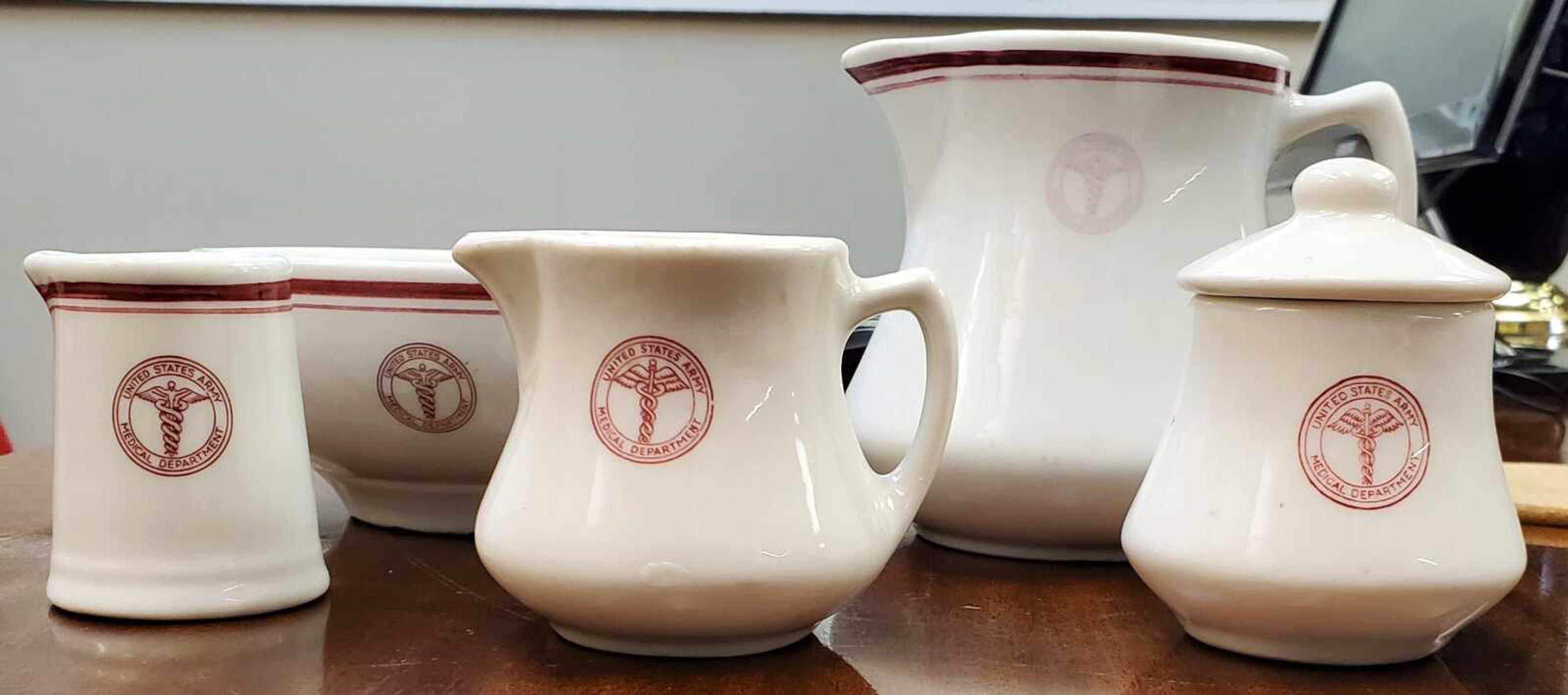 Six pieces of Shenango china used by officers from U.S. Army Medical Department (New Castle, Pennsylvania), 1941, are part of the Red Clifton collection.