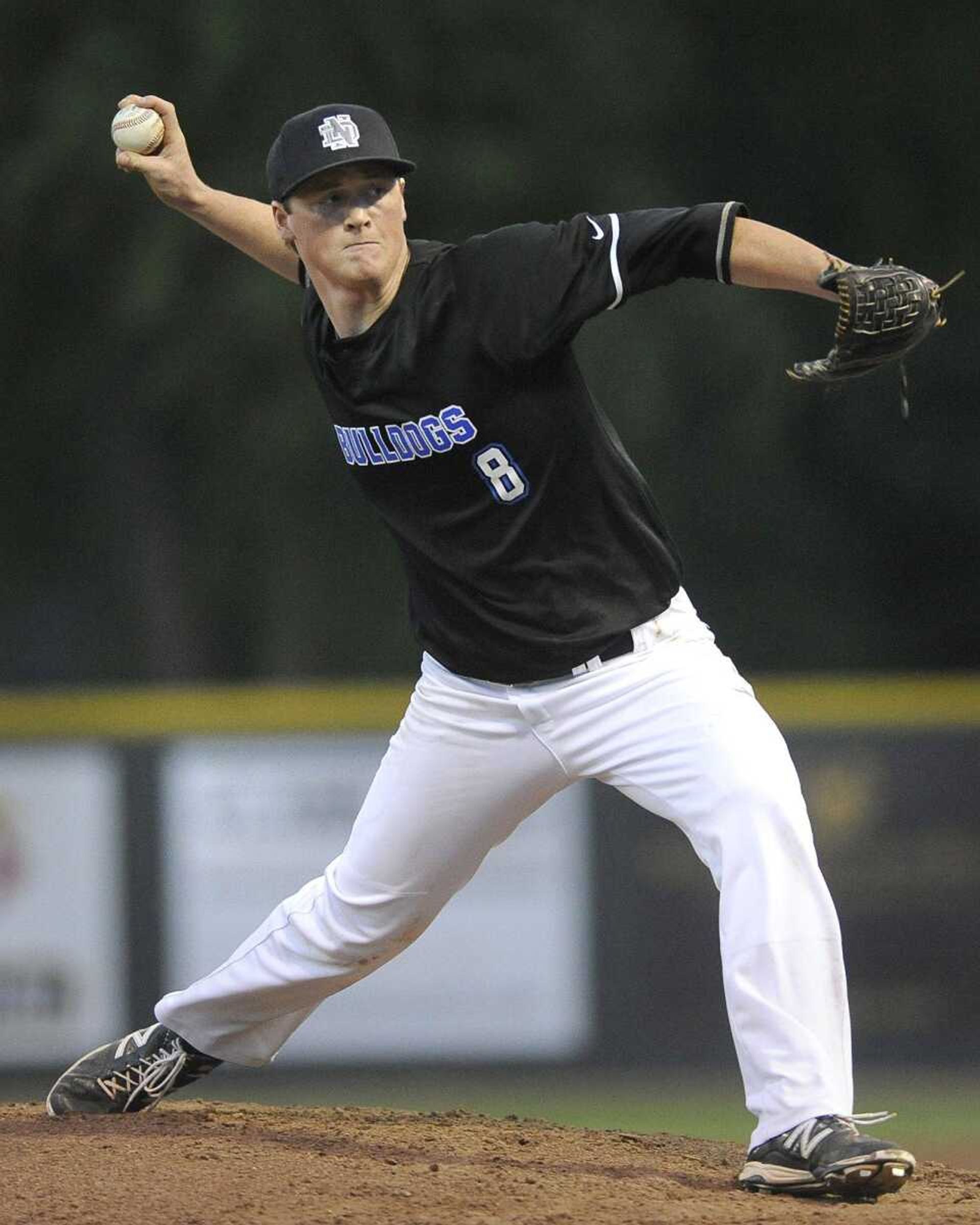 Notre Dame starter Graham Ruopp pitches to a Poplar Bluff batter during the first inning of the SEMO Conference Tournament Monday, May 4, 2015 at Capaha Field. (Fred Lynch)