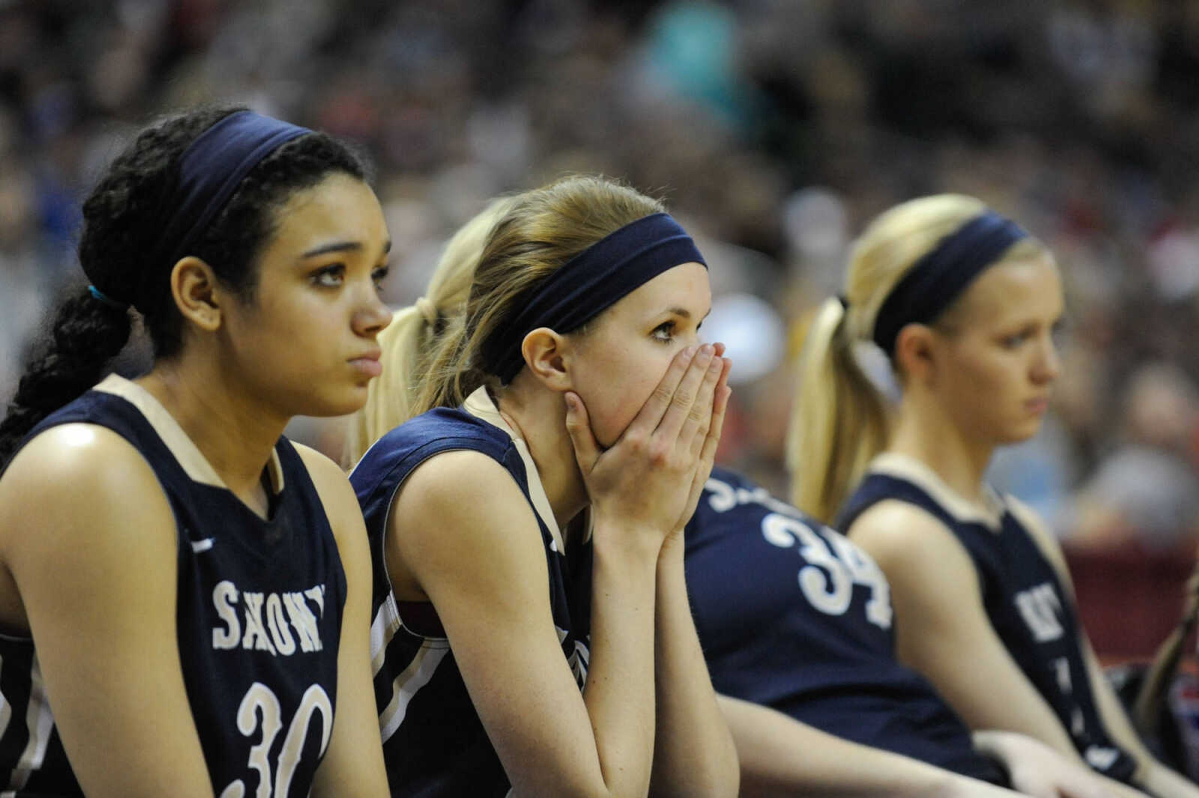 The Saxony Lutheran girls basketball bench looks on during a 50-46 loss to Strafford in the MSHSAA Class 3 State Championship on Friday at Mizzou Arena in Columbia, Missouri. (Glenn Landberg ~ Southeast Missourian)