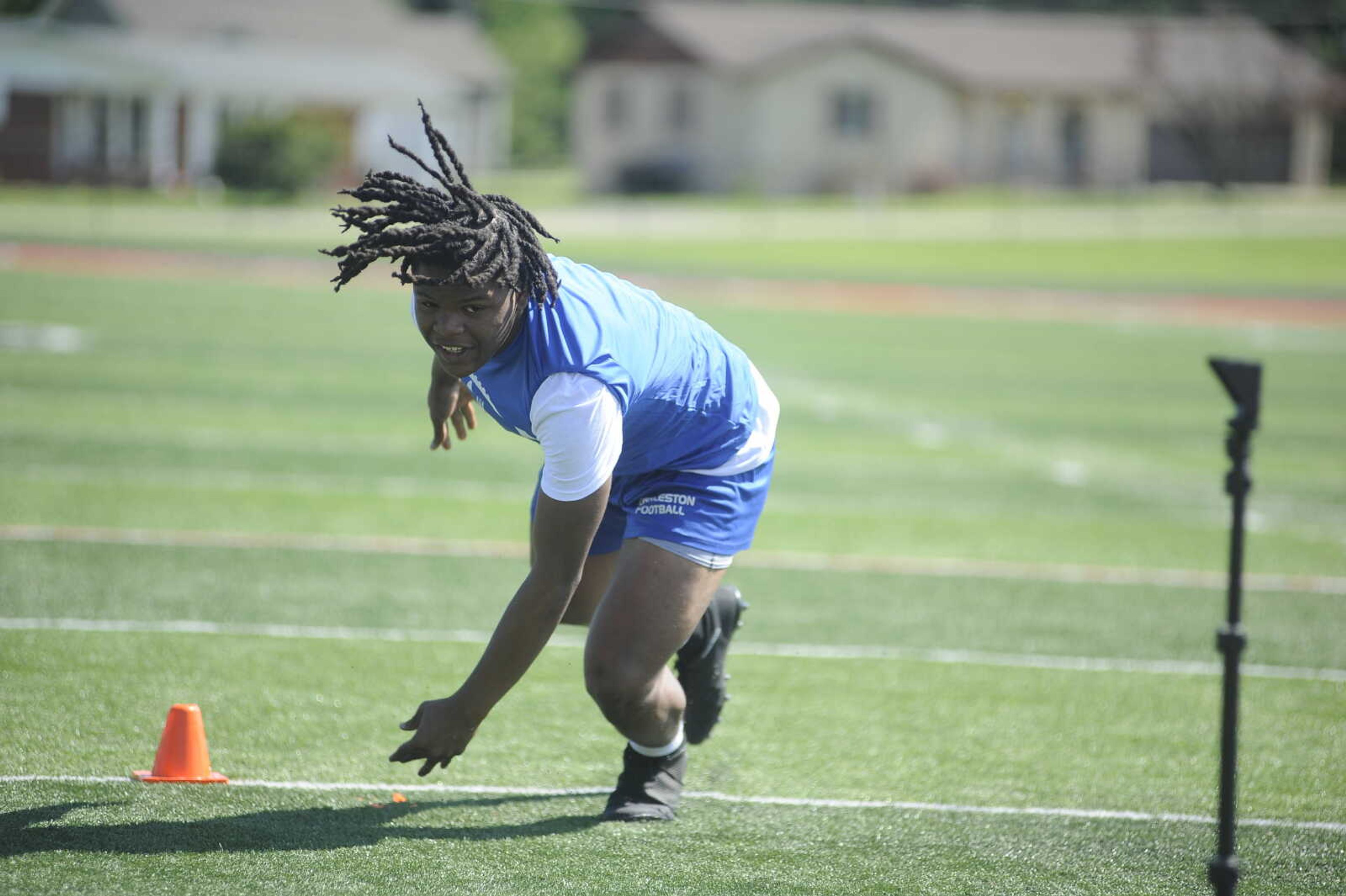 A Charleston High School football player takes part in a football Combine at Charles Bland Stadium in Dexter on Wednesday. 