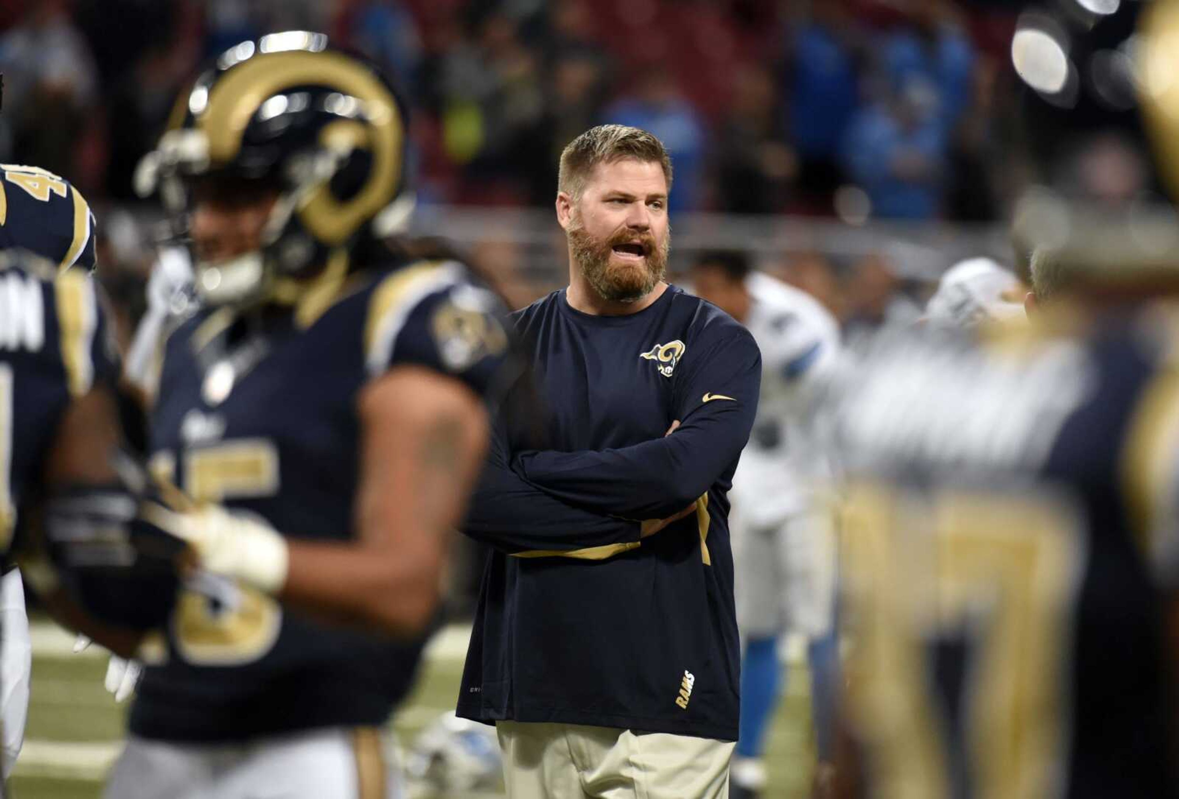 St. Louis Rams offensive coordinator Rob Boras is seen before the start of an NFL football game between the St. Louis Rams and the Detroit Lions on Sunday, Dec. 13, 2015, in St. Louis. (AP Photo/L.G. Patterson)