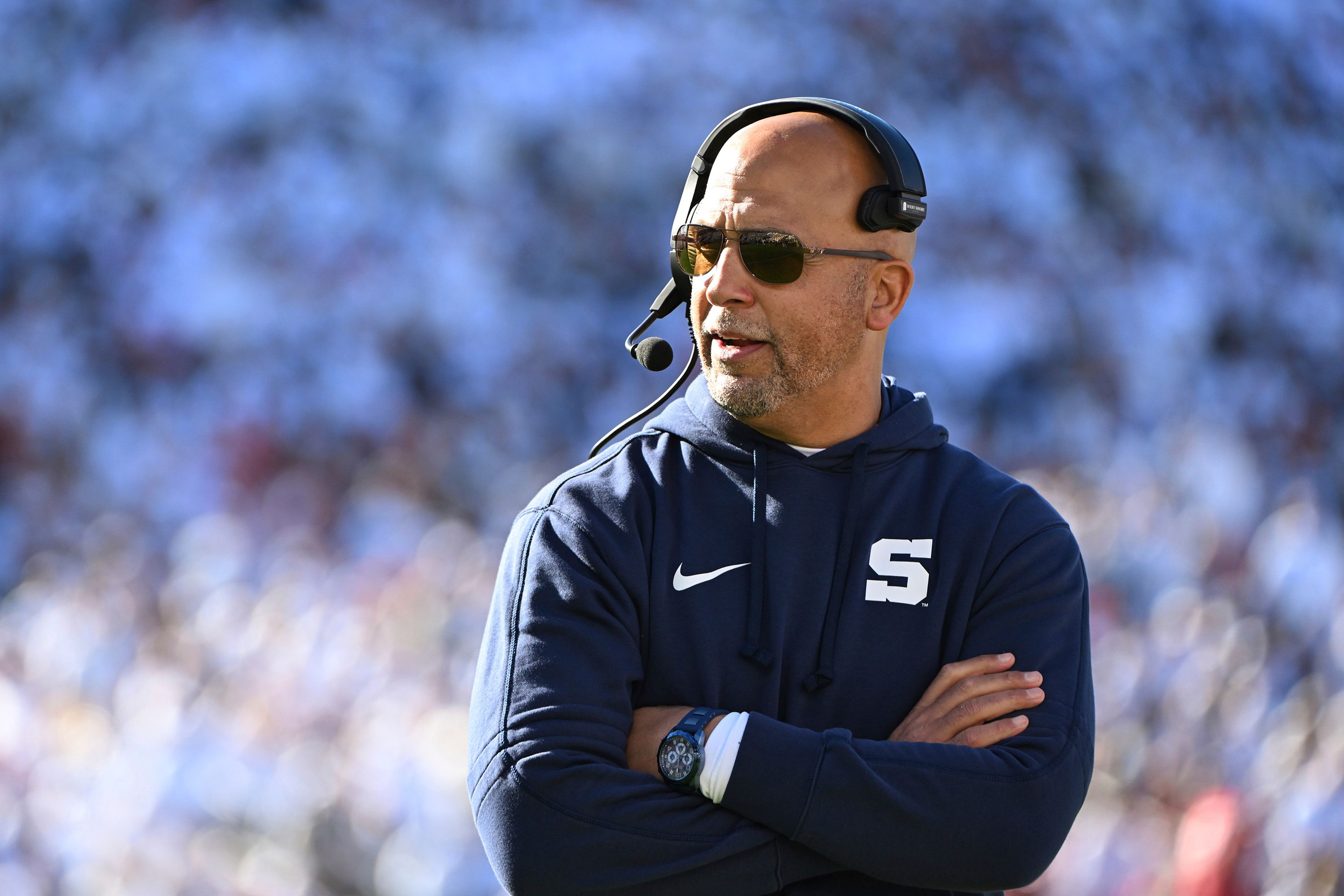 Penn State head coach James Franklin reacts during the fourth quarter of an NCAA college football game against Ohio State, Saturday, Nov. 2, 2024, in State College, Pa. (AP Photo/Barry Reeger)