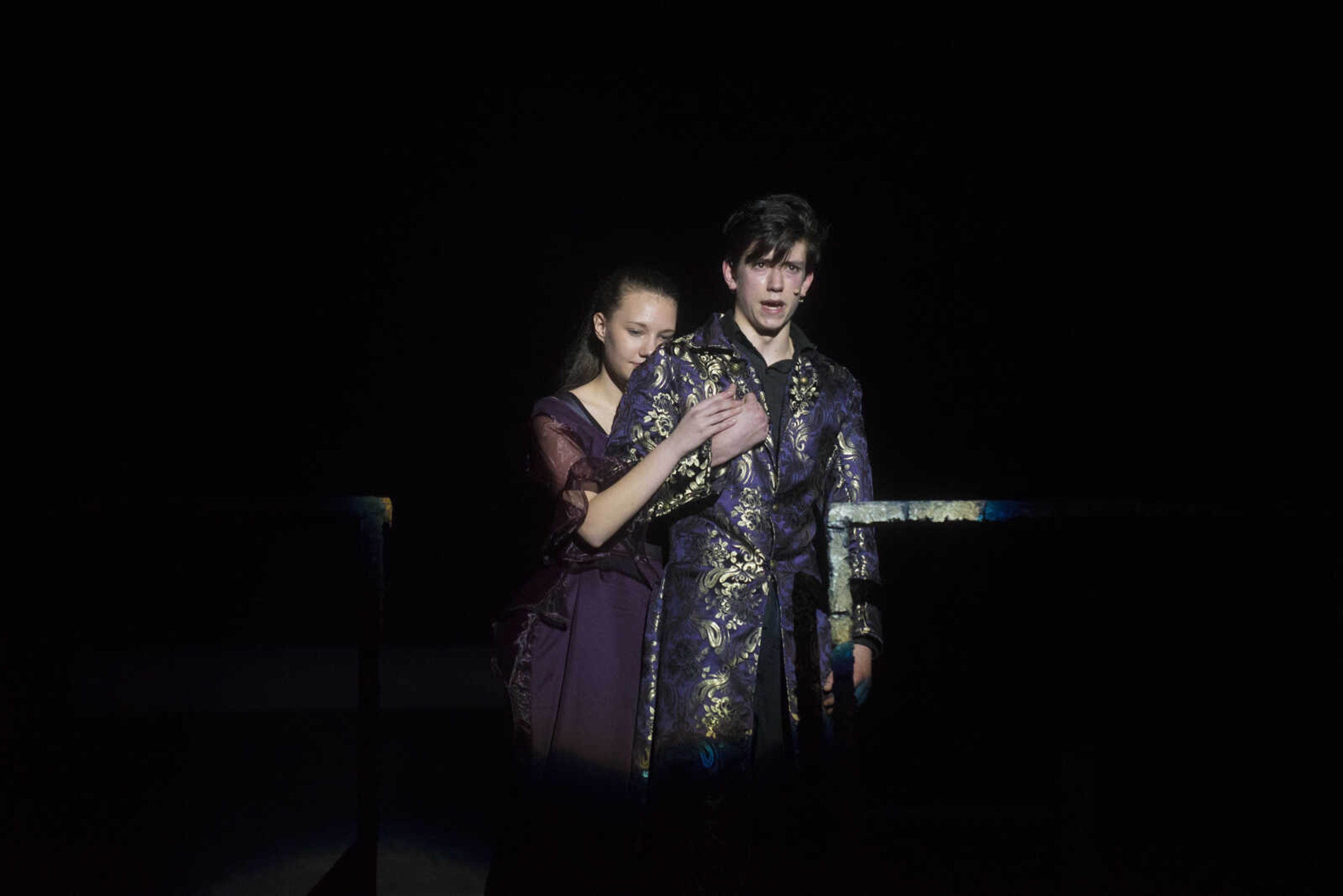 Jackie Lang and Uriel Achilleus perform a scene of Jesus Christ Superstar during rehearsal Tuesday, March 28, 2017 at the Richard D. Kinder Performance Hall at Cape Girardeau Central High School.