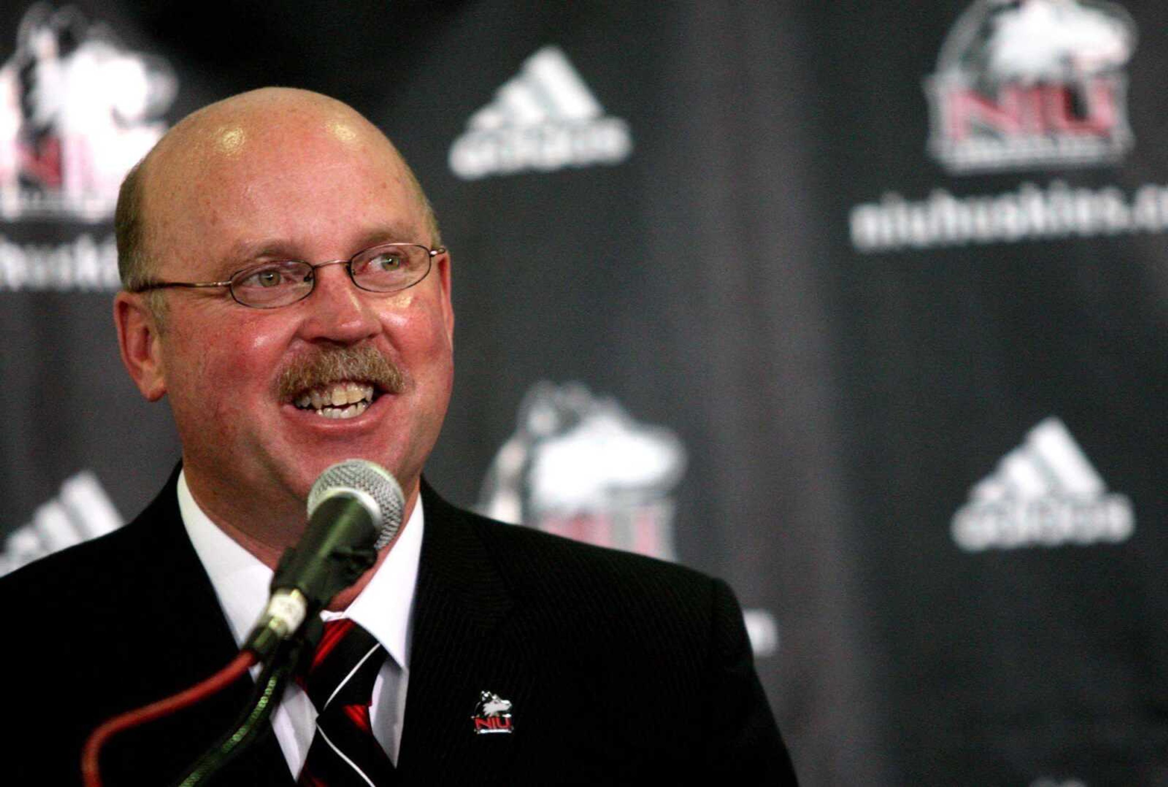 Jerry Kill smiled during a news conference Thursday at Northern Illinois University in DeKalb, Ill. He led Southern Illinois to a 12-2 record and the FCS semifinals this year. (ERIC SUMBERG ~ Associated Press)