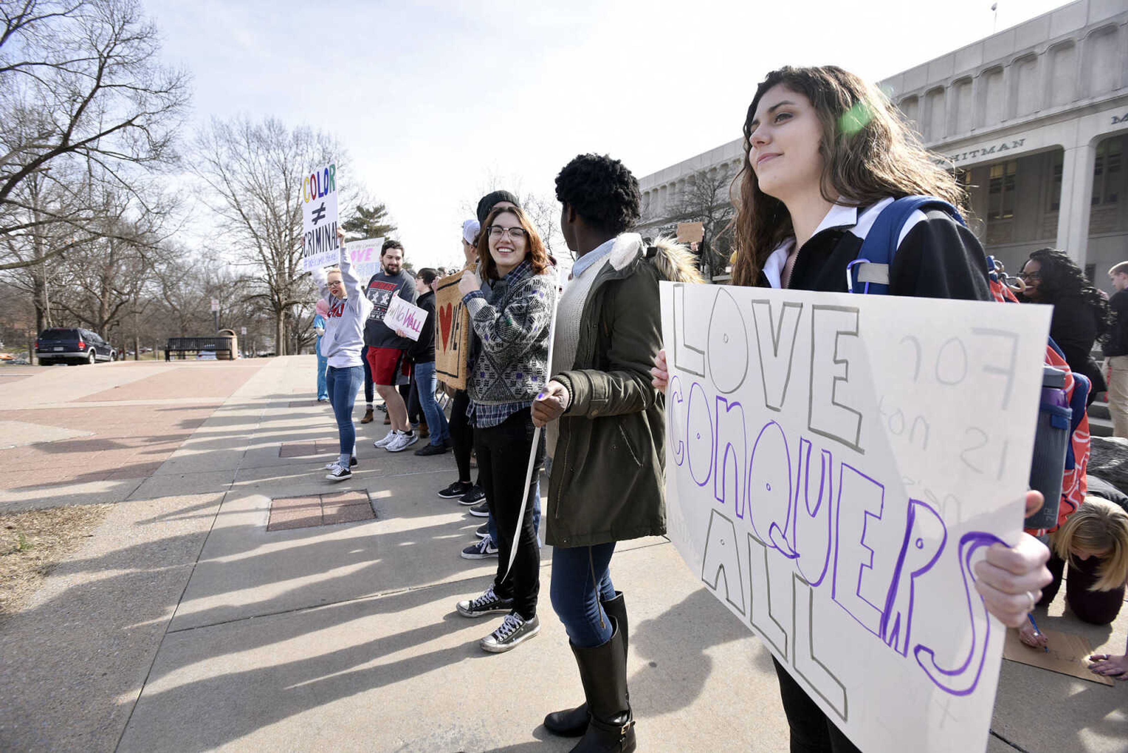 LAURA SIMON ~ lsimon@semissourian.com

Around 60 Southeast Missouri State University students gather together during a human rights protest on Wednesday, Feb. 1, 2017, outside Kent Library in Cape Girardeau.