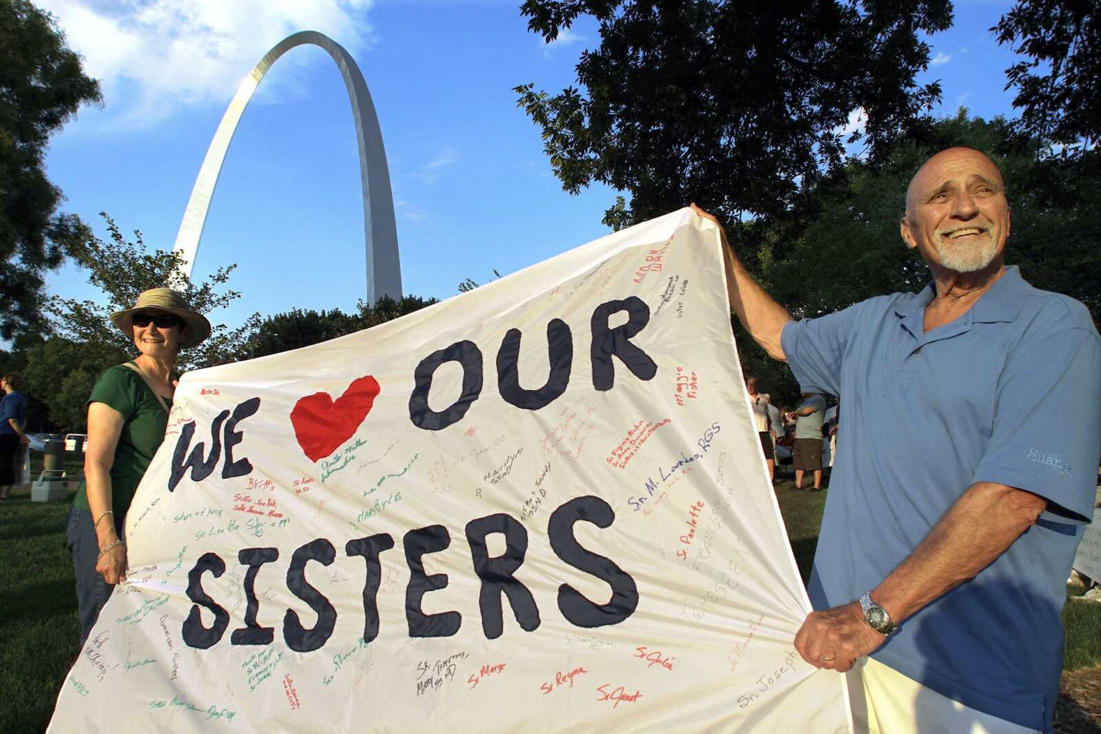 Joe Koerner and his wife, Maria Allen Koerner, of St. Louis rally with other supporters of The Leadership Conference of Women Religious at a vigil Thursday in St. Louis.<br>Seth Perlman<br>Associated Press