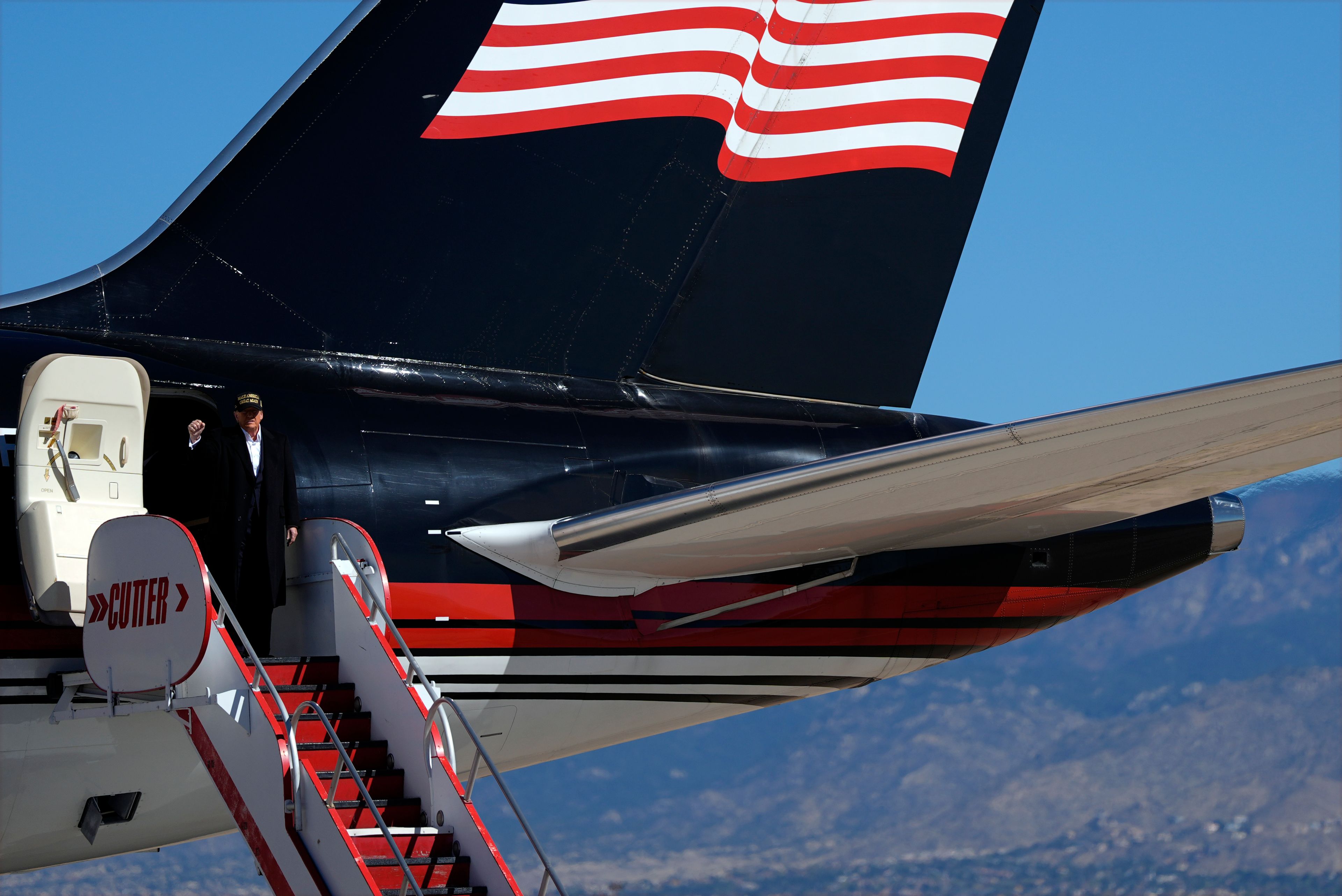 Republican presidential nominee former President Donald Trump arrives at a campaign rally at Albuquerque International Sunport, Thursday, Oct. 31, 2024, in Albuquerque, N.M. (AP Photo/Julia Demaree Nikhinson)