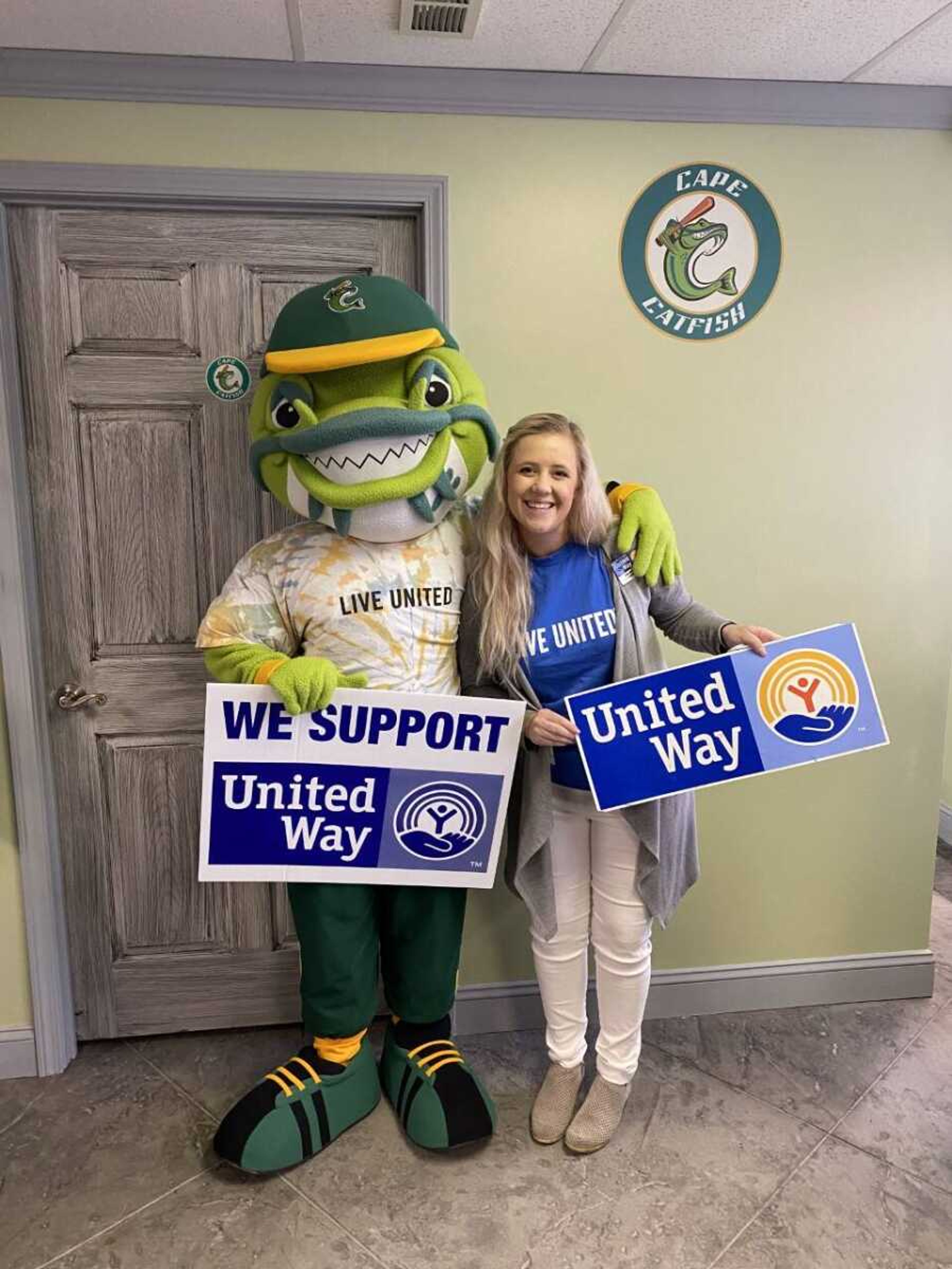 Raechel Reinitz, Community Relations Manager for United Way of Southeast Missouri, and Captain Catfish celebrate their partnership with United Way WINSdays coming in June.