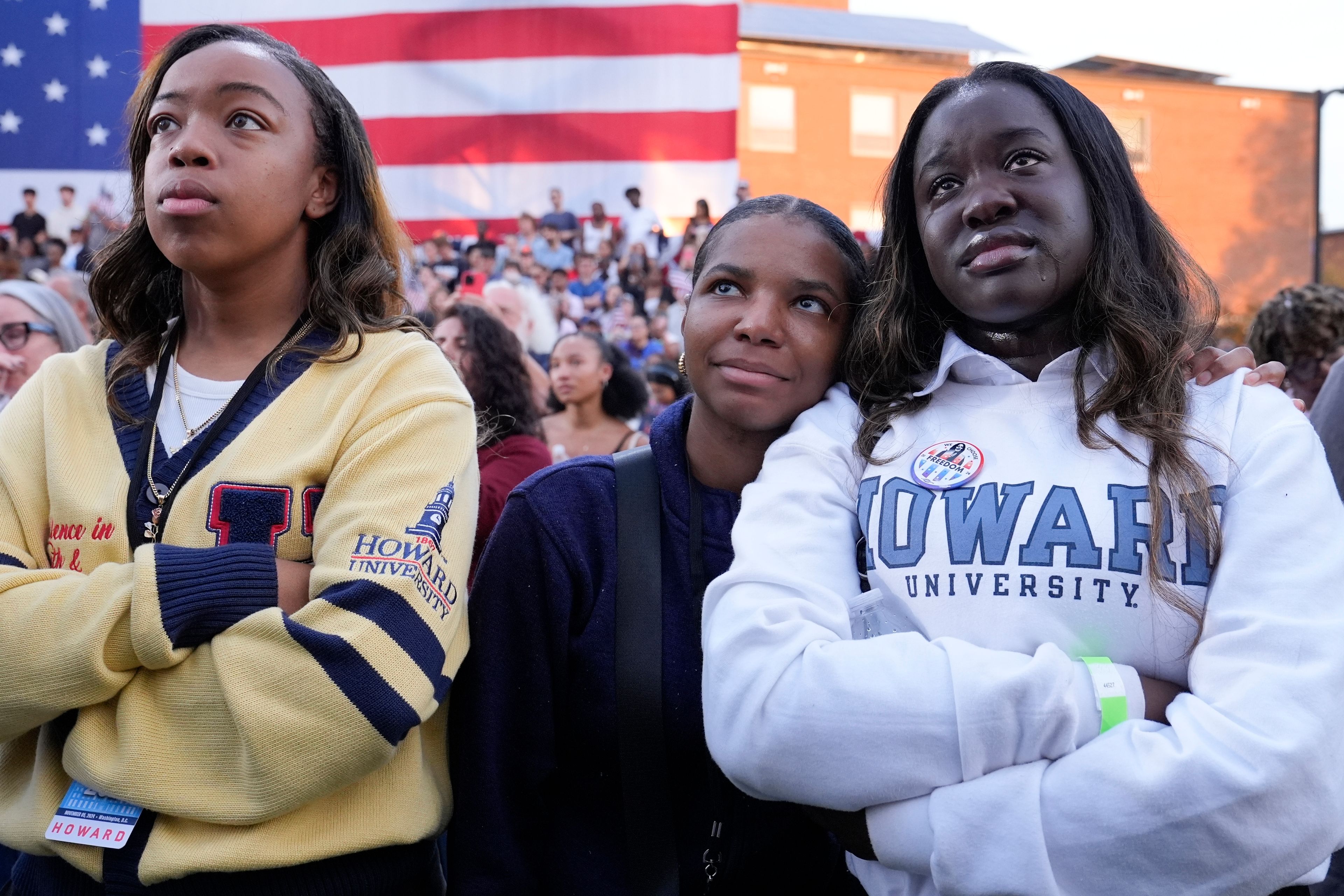 Supporters look on as Vice President Kamala Harris delivers a concession speech for the 2024 presidential election, Wednesday, Nov. 6, 2024, on the campus of Howard University in Washington. (AP Photo/Susan Walsh)