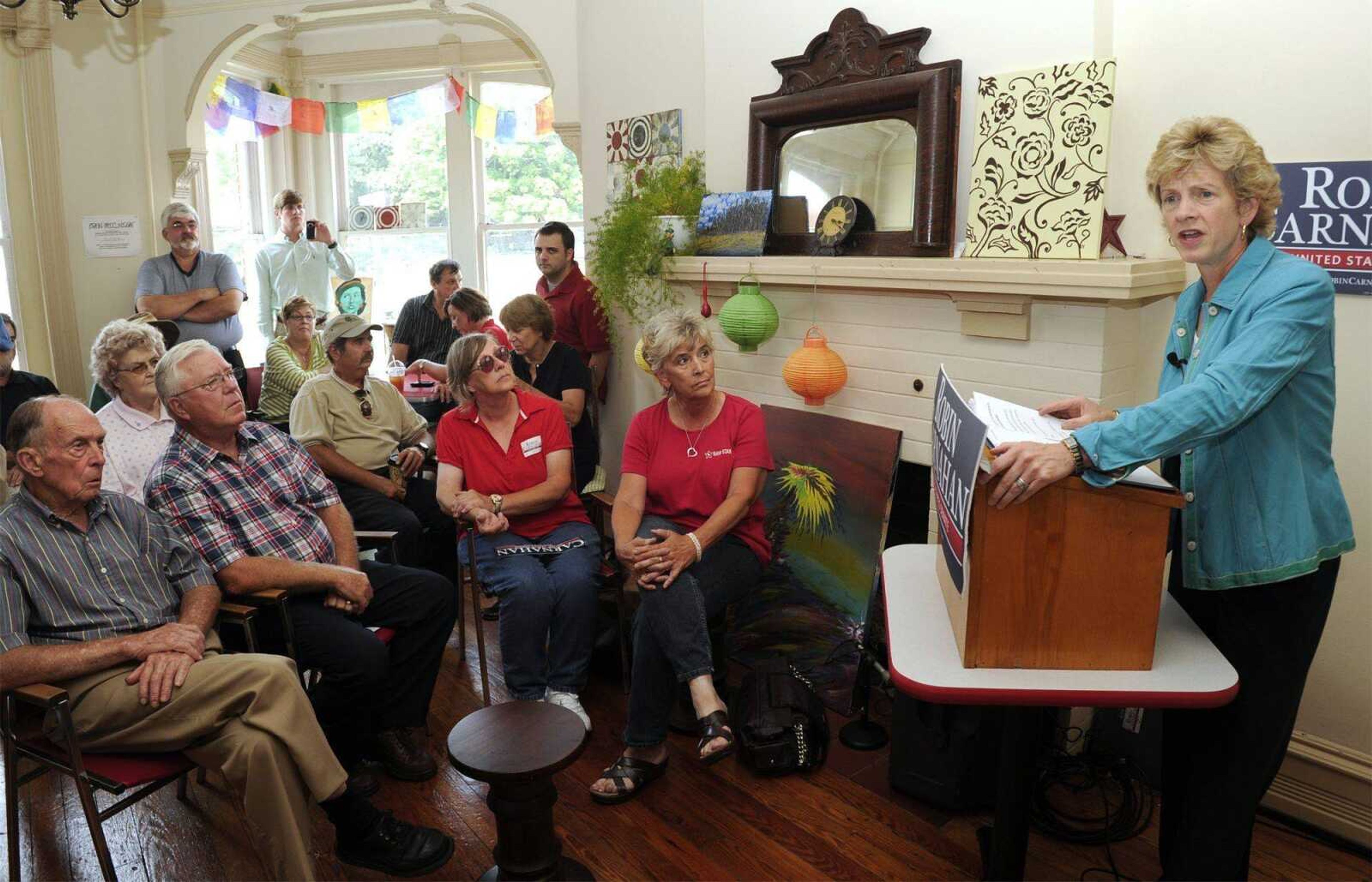 Missouri Secretary of State Robin Carnahan speaks to a gathering Monday at Broadway Books &amp; Roasting Co. in Cape Girardeau. She is a Democratic candidate for nomination to the U.S. Senate. (Fred Lynch)