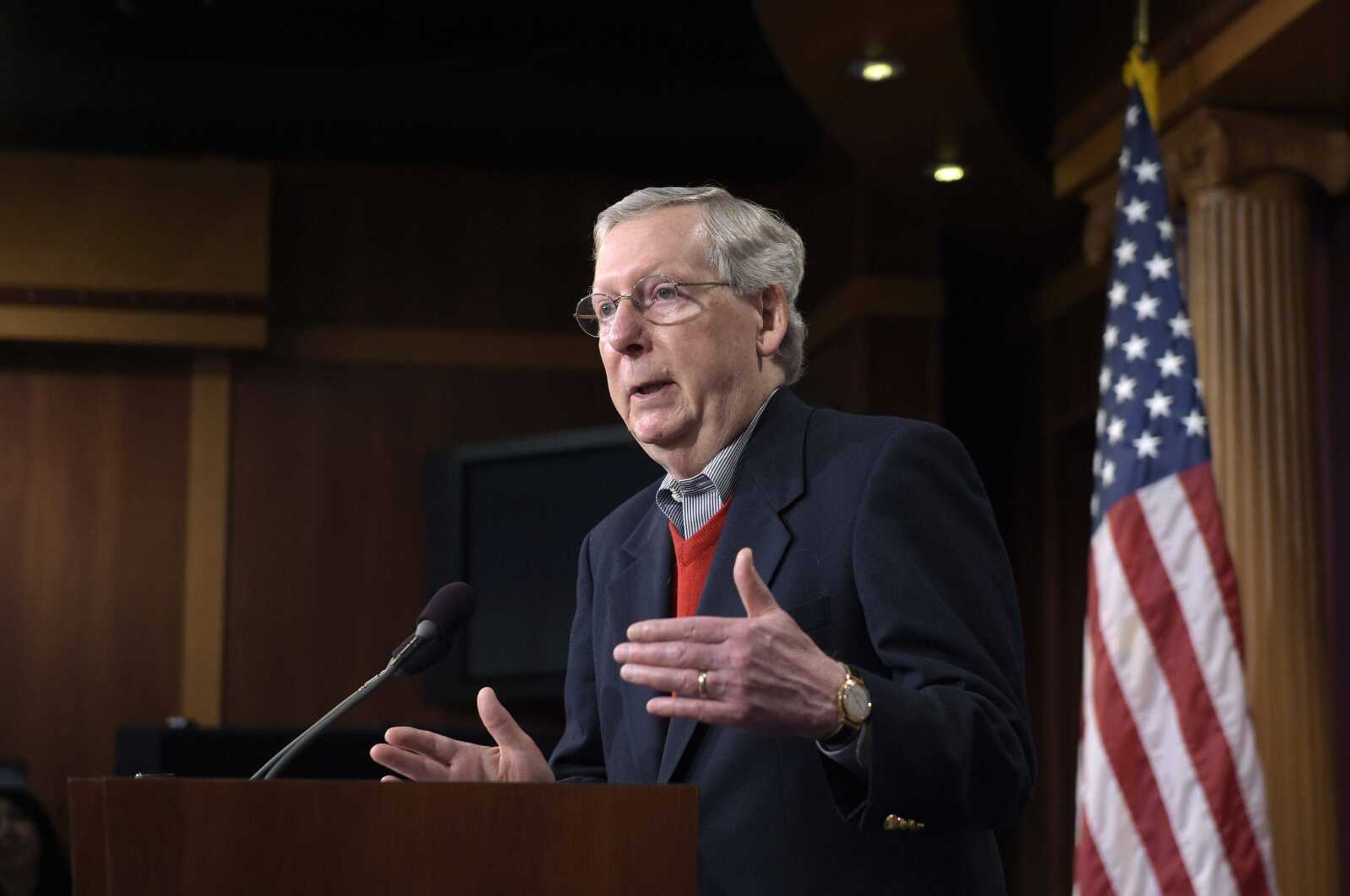 Senate Majority Leader Mitch McConnell of Kentucky speaks during a news conference Monday on Capitol Hill in Washington.