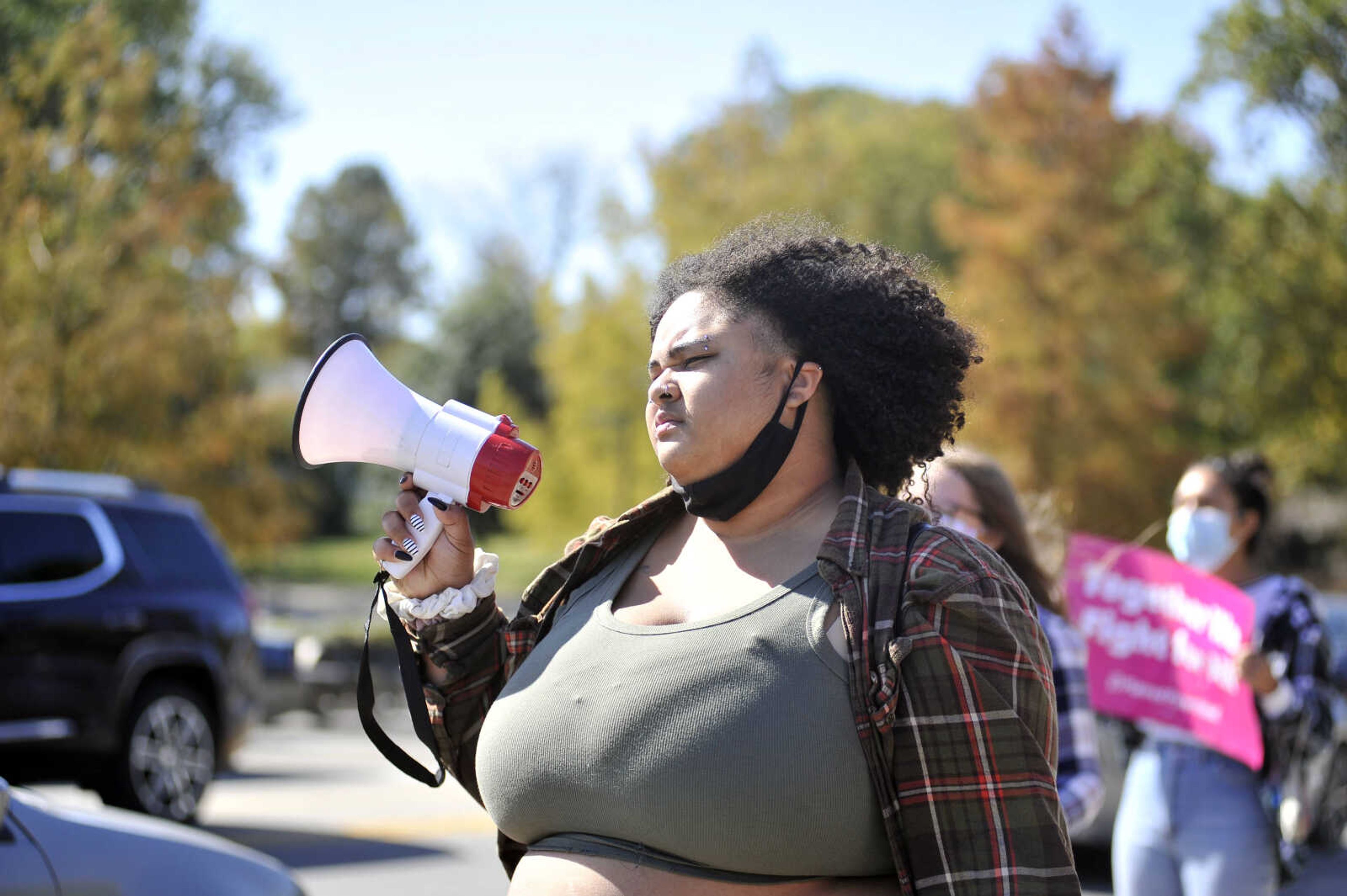 Brooke Holford ~ Southeast Missourian
McKenzie Eston leads attendees in chants during the SEMO Women's March on Saturday, Oct. 17, 2020, at Freedom Corner in Cape Girardeau.