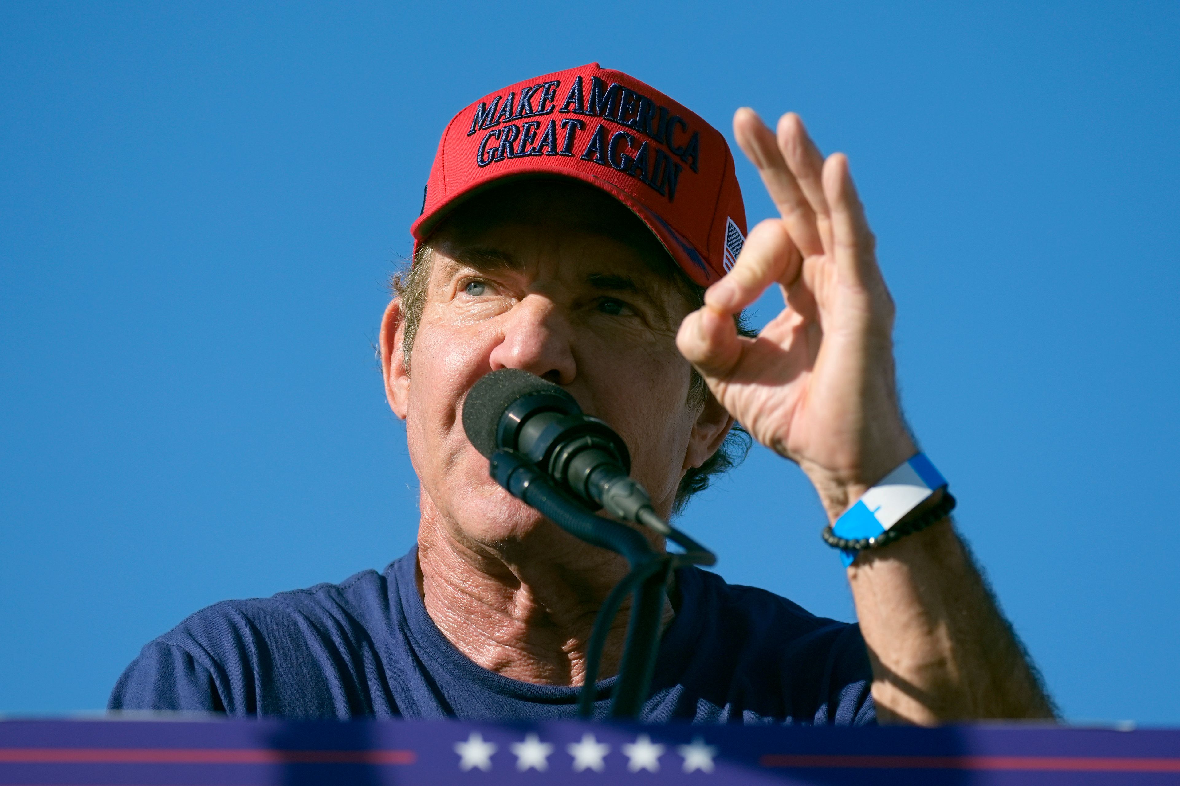 Dennis Quaid speaks at a campaign rally for Republican presidential nominee former President Donald Trump at the Calhoun Ranch, Saturday, Oct. 12, 2024, in Coachella, Calif. (AP Photo/Alex Brandon)