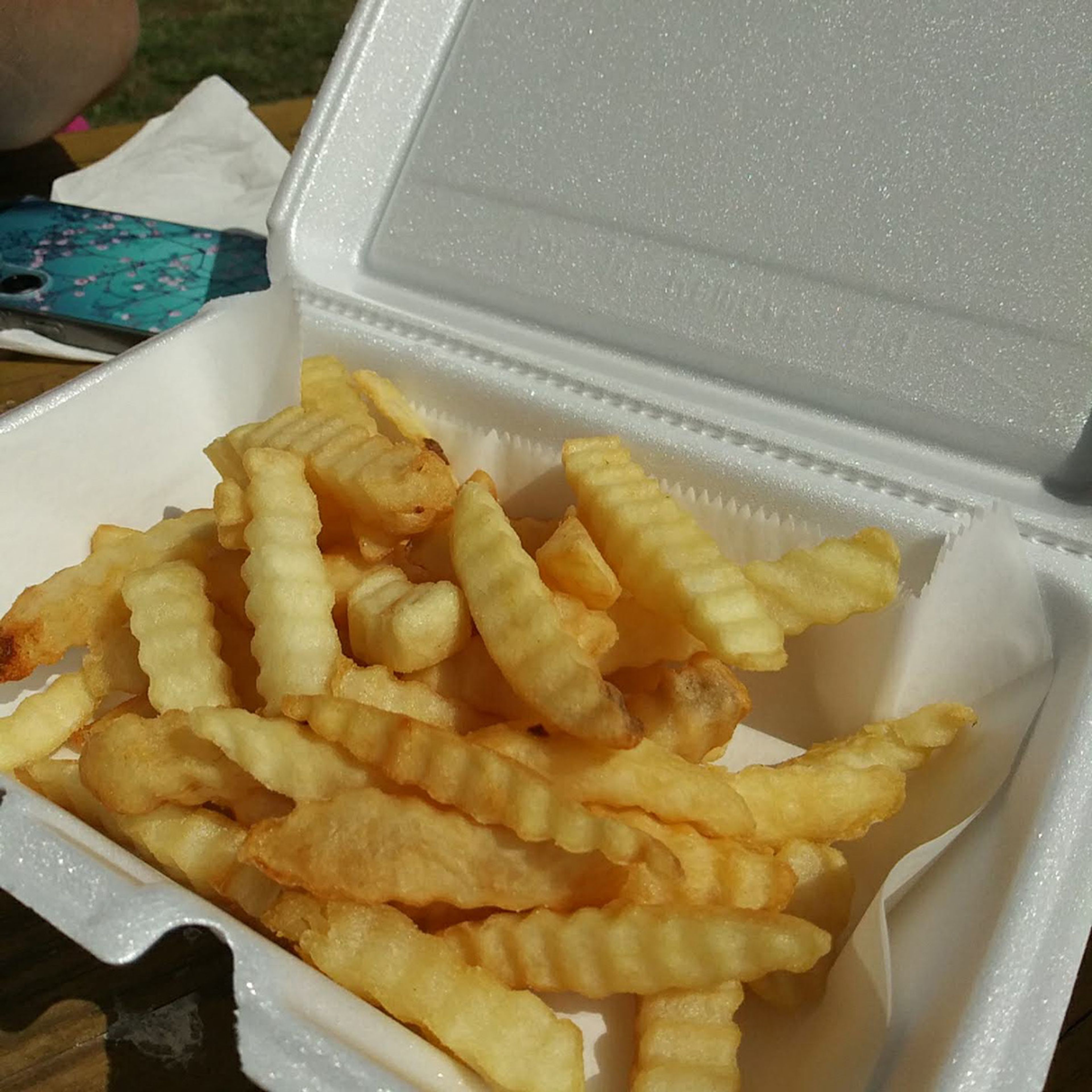 Crinkle cut fries, lightly golden brown, a natural side for a burger and best enjoyed in the sun.