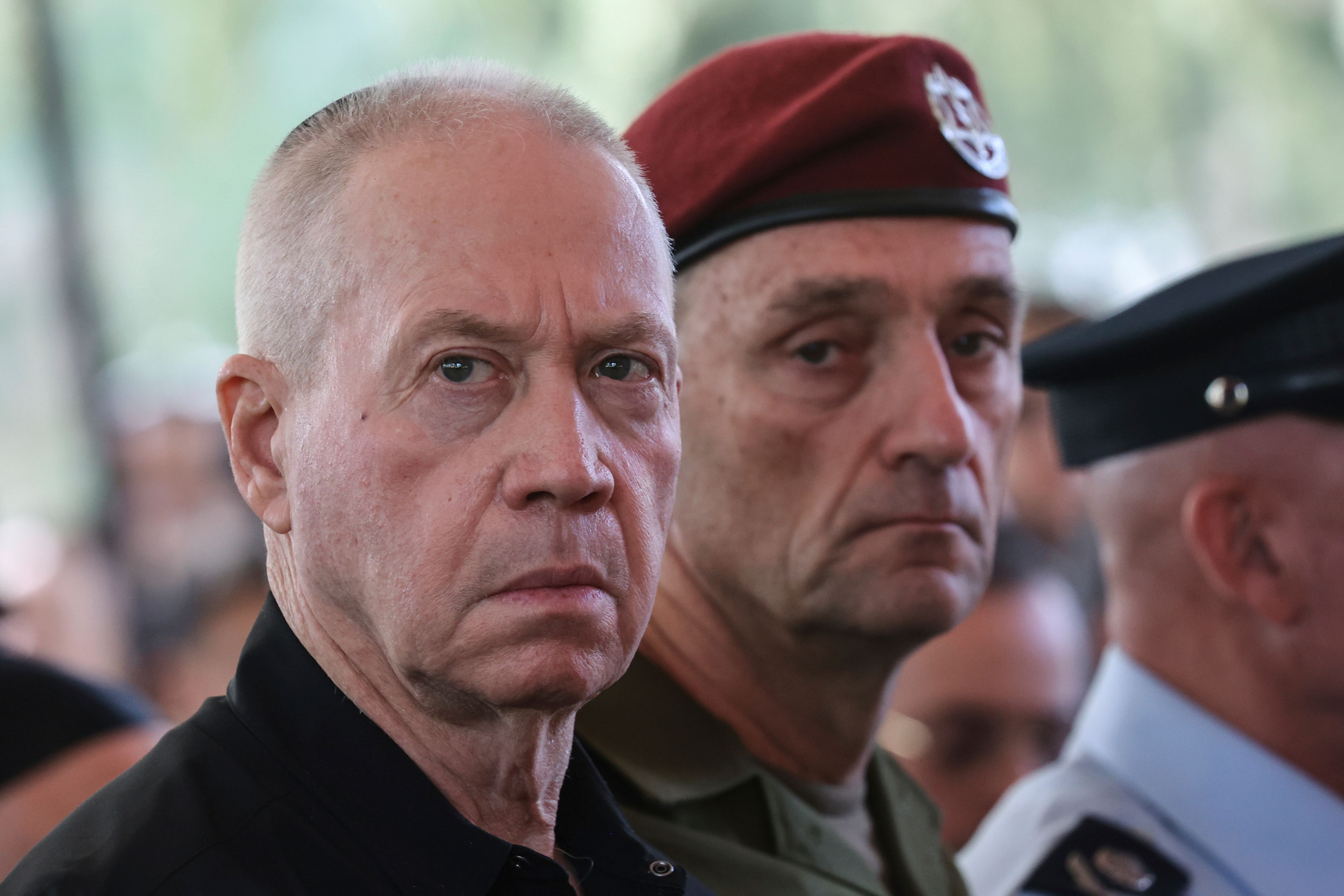 Israel's Defense Minister Yoav Gallant, left, and Chief of the General Staff Lieutenant-General Herzi Halevi, attend a ceremony marking the Hebrew calendar anniversary of the Hamas attack on October 7 last year that sparked the ongoing war in Gaza, at the Mount Herzl military cemetery in Jerusalem, Israel Sunday Oct. 27, 2024. (Gil Cohen-Magen/Pool Photo via AP)