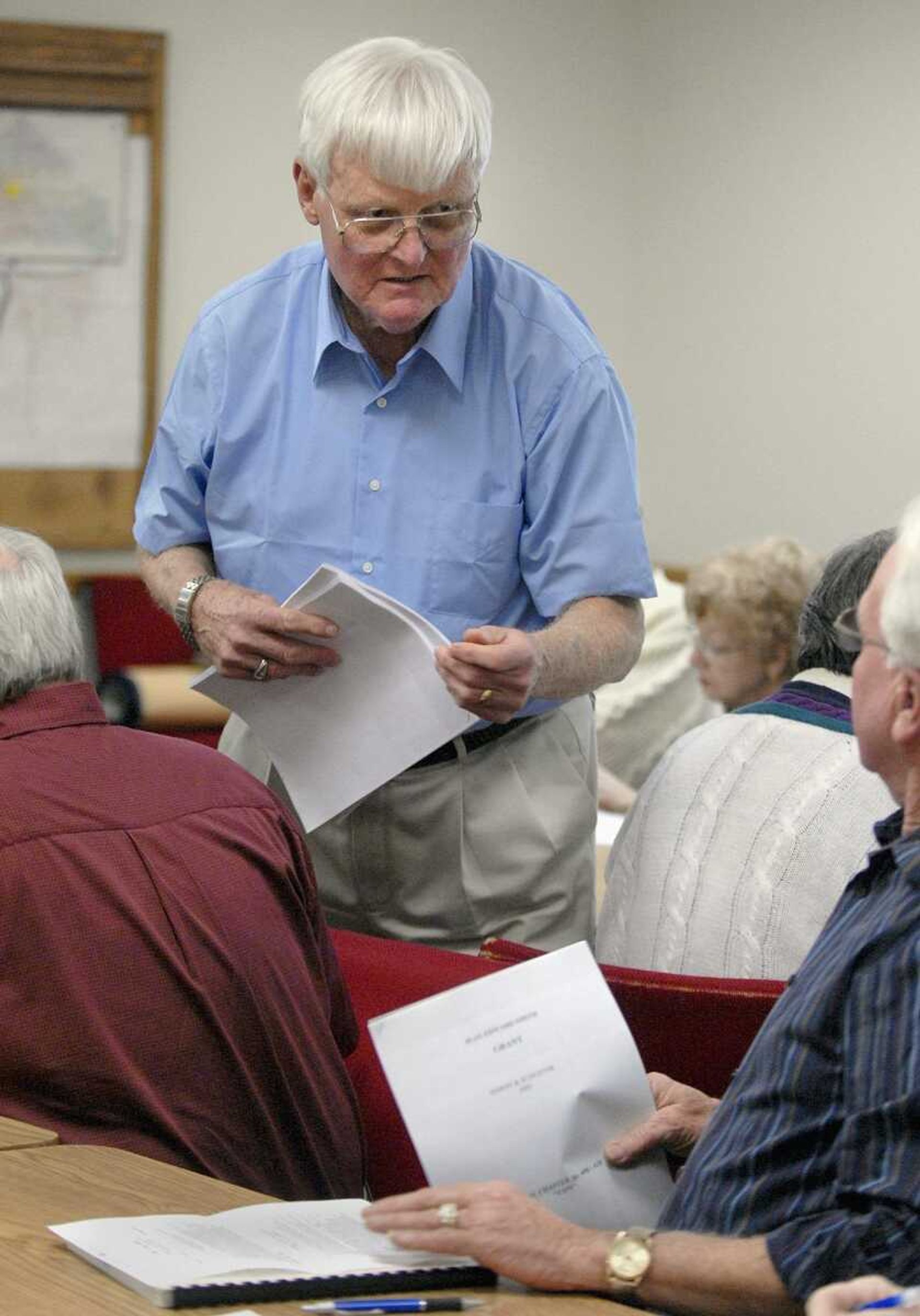 Vice president of the Cape Girardeau Civil War Roundtable Dub Suedekum passes out literature on General Ulysses S. Grant Sunday, February 20, 2011 at Hanover Lutheran Church. (Laura Simon)