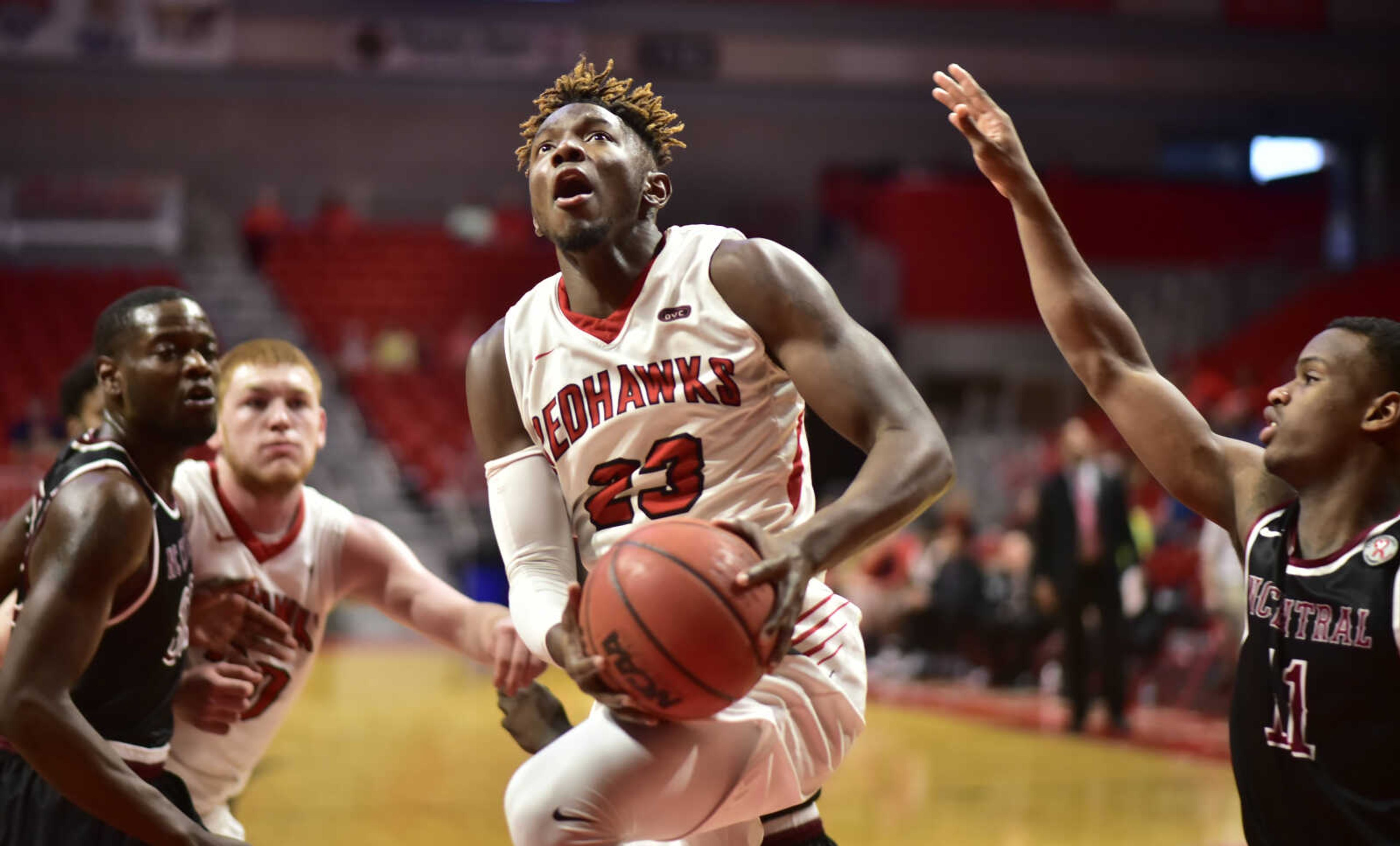 Southeast Missouri State senior Daniel Simmons breaks past defenders during a game Nov. 26, 2017 against North Carolina Central at the Show Me Center in Cape Girardeau.