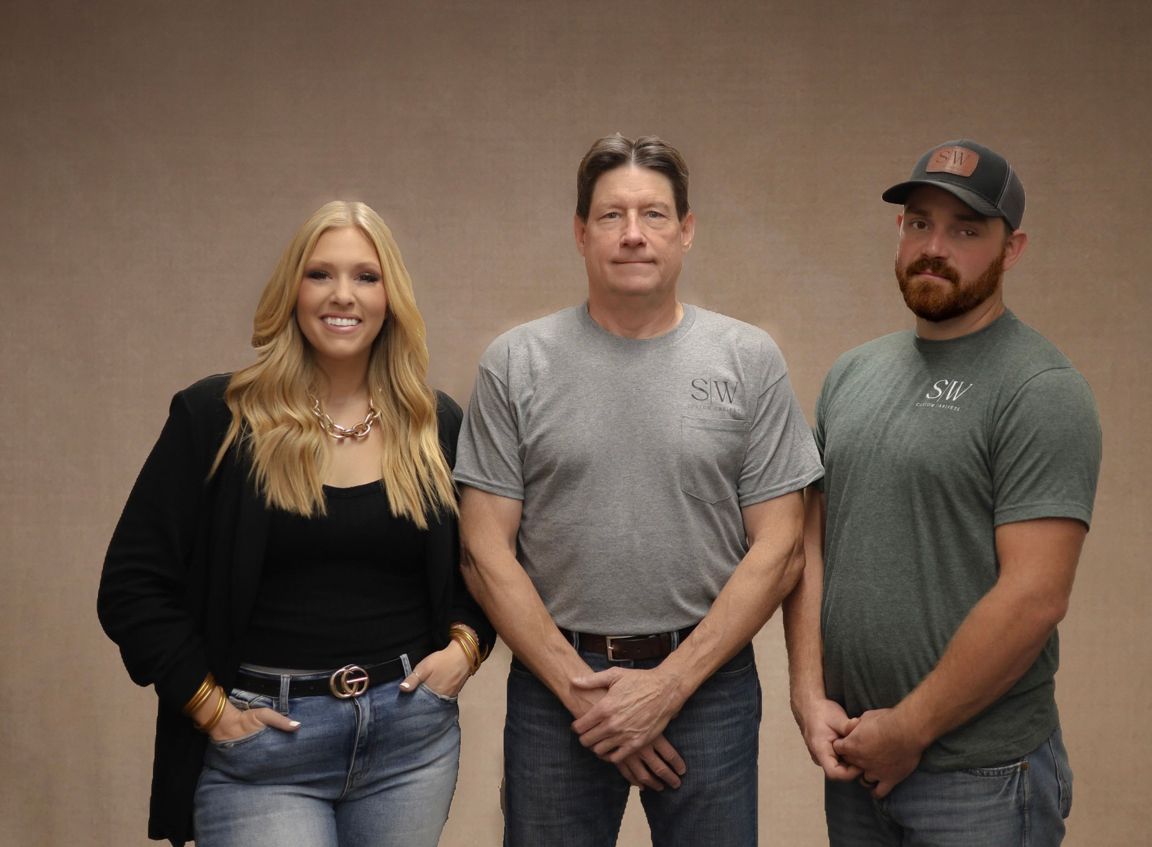 Mackenzie and Cody Enderle, owners of S&W Custom Cabinets, flank Rodger Seyer of S&W Cabinets, Inc. The Enderles bought the residential cabinetry portion of Seyer's Chaffee business, aiming to turn it into a family business of their own. The two families are not related by blood, but they do share similar business backgrounds. 