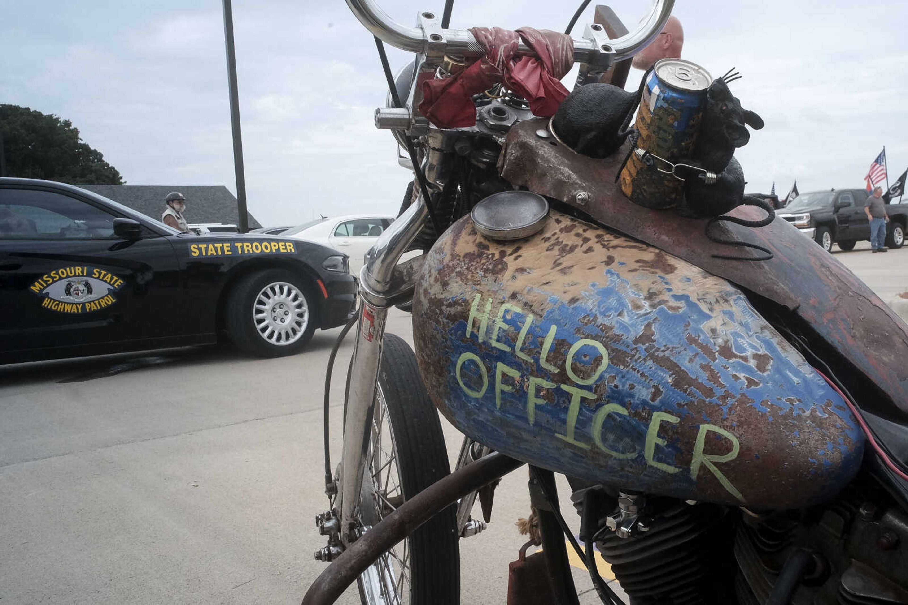 A custom-painted "ratbike" is seen parked near a Missouri State Highway Patrol vehicle during the first-ever Missouri Vietnam Wall Run  Saturday, Sept. 21, 2019, at the Missouri's National Veterans Memorial in Perryville. 
Members of the highway patrol escorted riders to the memorial.