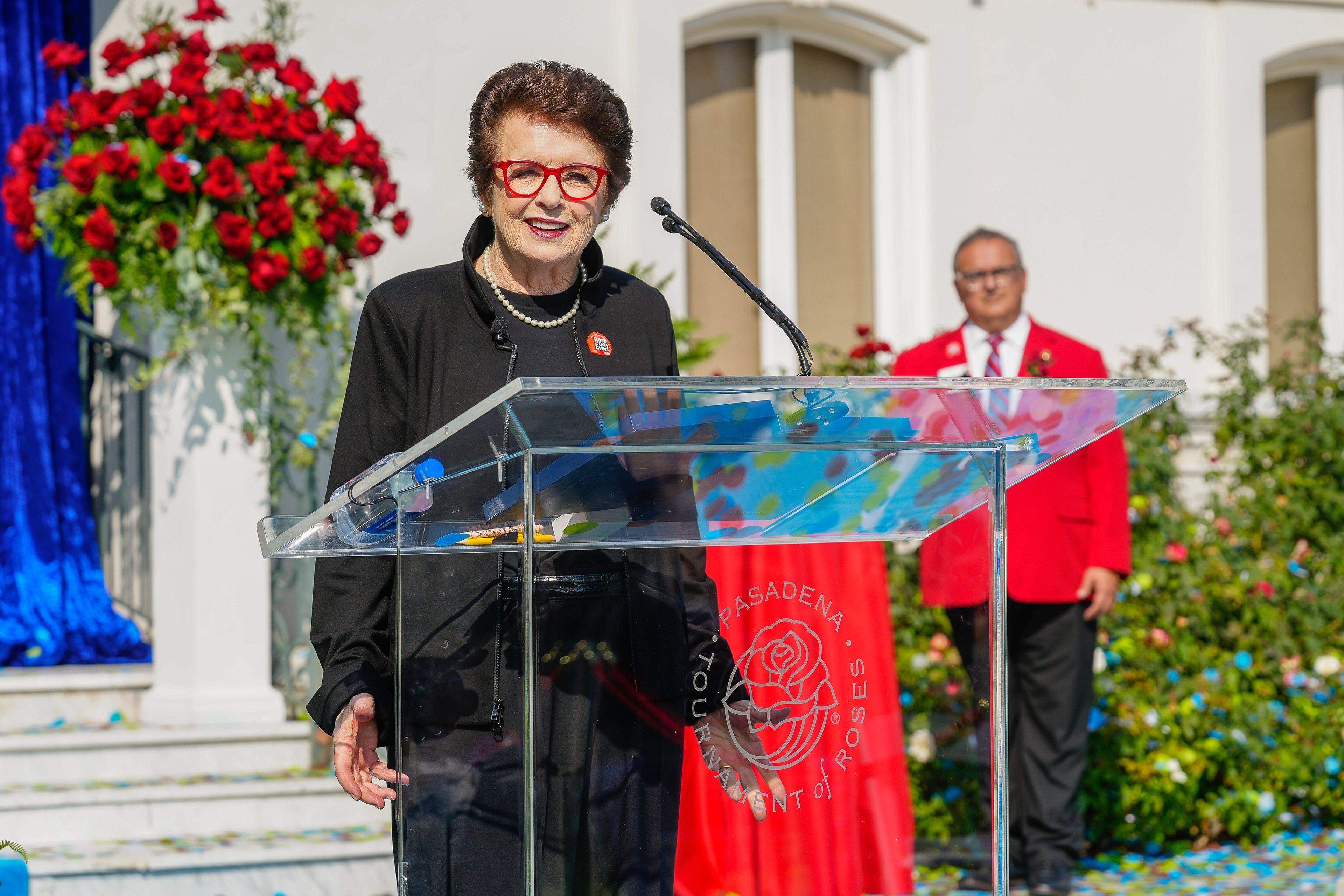 Tennis great Billie Jean King speaks after being introduced as grand marshal of the 136th Rose Parade next year on the front steps of the Tournament House in Pasadena, Calif., Monday, Oct. 7, 2024. (AP Photo/Damian Dovarganes)