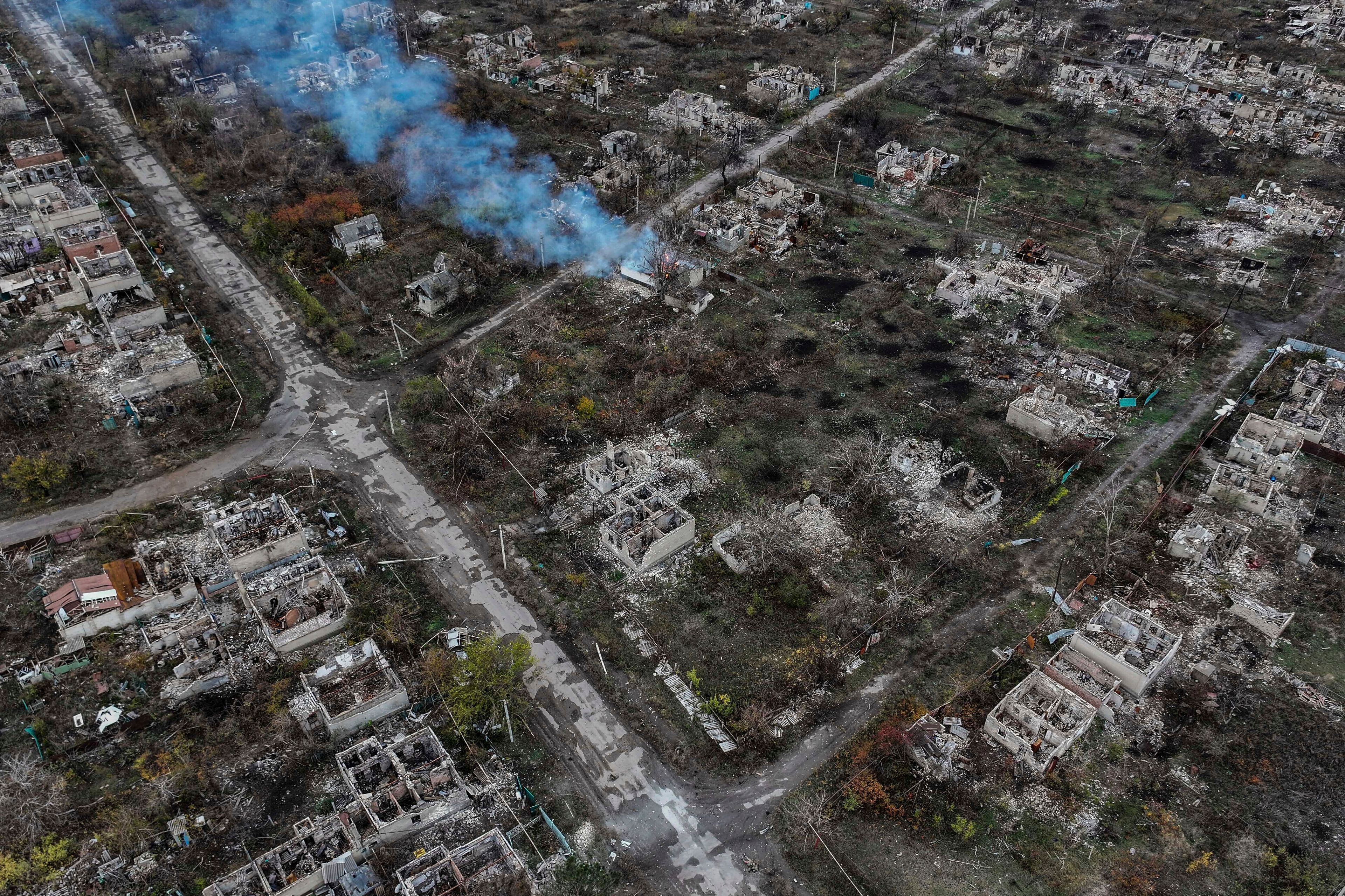 An aerial view of Chasiv Yar shows the frontline city in ruins after heavy fighting between Russian and Ukrainian forces, Donetsk Region, Ukraine, Monday, Nov. 11, 2024. (AP Photo)